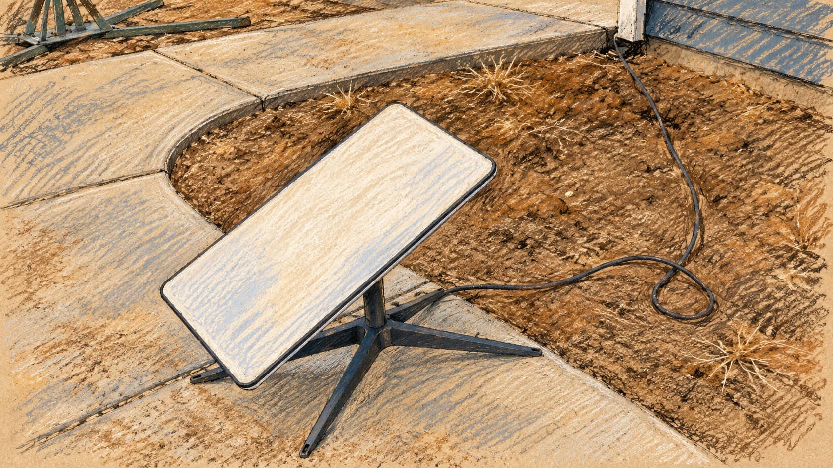 Courtroom-sketch editorial illustration of an archival Starlink user terminal beside a residential sidewalk, shown for context