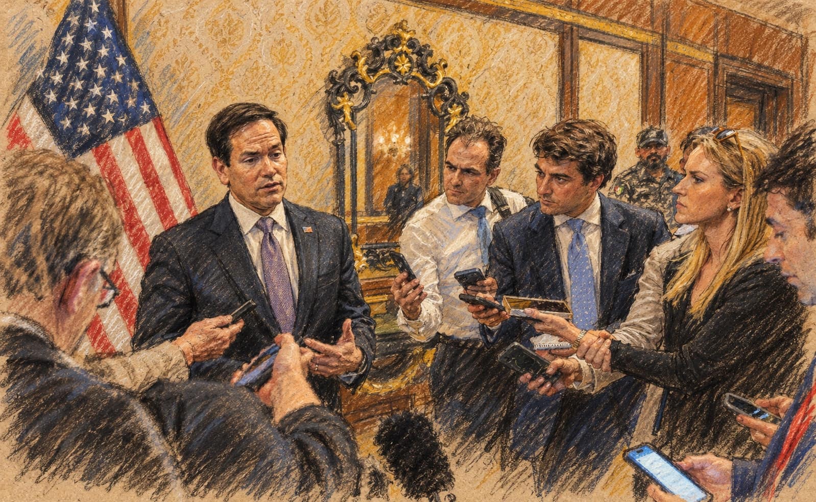 Courtroom-sketch editorial illustration of an archival June 24, 2026 press availability with Marco Rubio and reporters holding phones in Kuwait, beside a United States flag and ornate mirror, rendered in warm ochre and slate-blue pastel strokes; contextual portrait scene, not a depiction of the October intelligence warning or any threatened attack.