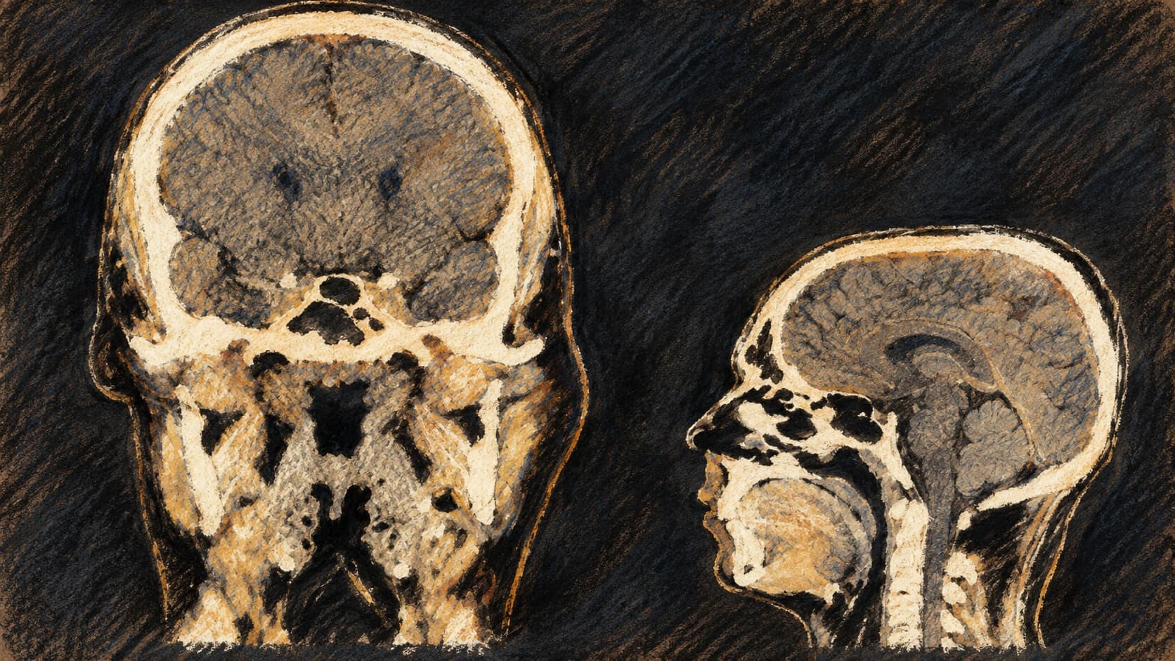 Courtroom-sketch editorial illustration of two views of a brain CT scan from 2019, used as medical research context for exploratory Ackman Oxman Institute discussions with Sheba ARC.