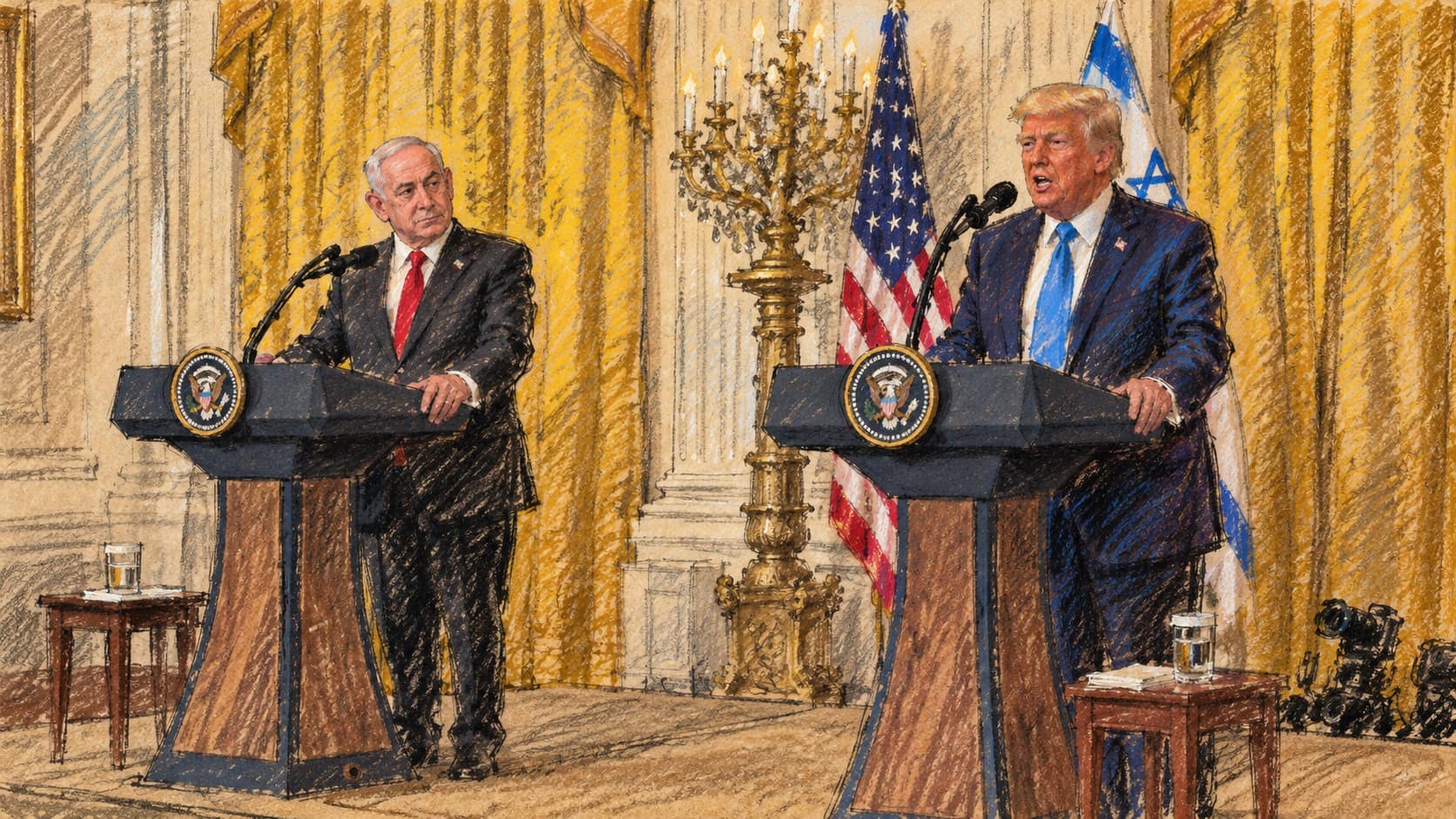 Courtroom-sketch editorial illustration of Benjamin Netanyahu at the left lectern and Donald Trump at the right during their February 2025 White House press appearance, shown as archival context for Netanyahu.