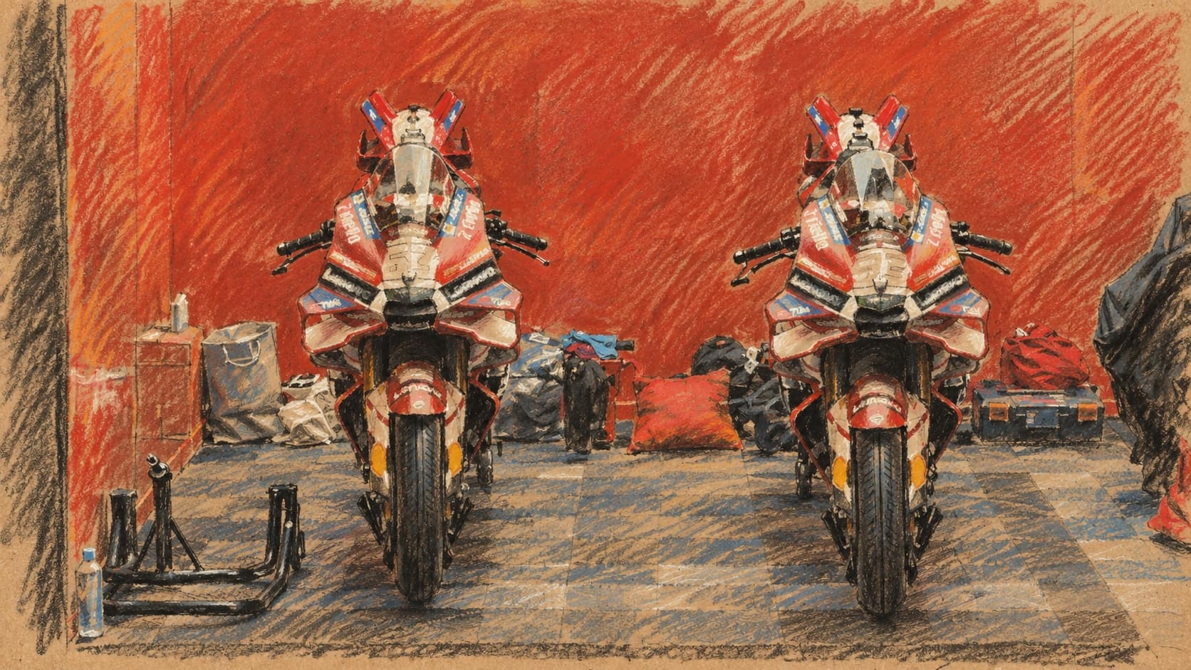 Courtroom-sketch editorial illustration of two MotoGP motorcycles displayed at the February 2026 season launch in Kuala Lumpur, an archival contextual image rather than the cancelled Phillip Island event, rendered in warm ochre and slate-blue pastel strokes.