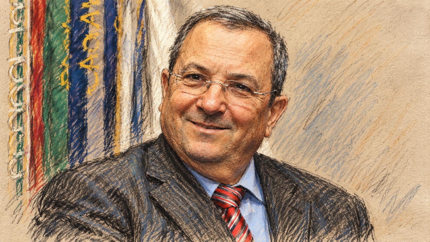 Courtroom-sketch editorial illustration of an archival 2009 portrait of Ehud Barak wearing glasses and a dark suit with a red striped tie at the Pentagon.