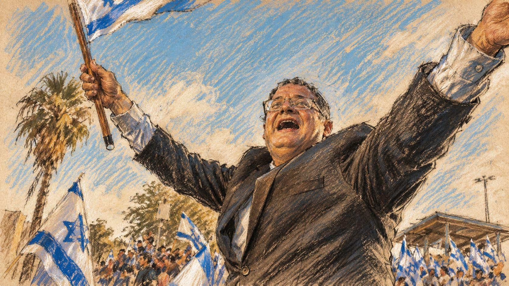 Courtroom-sketch editorial illustration of an archival June 2021 scene showing Itamar Ben Gvir outdoors with his arms raised amid Israeli flags; contextual imagery for his policy statement.