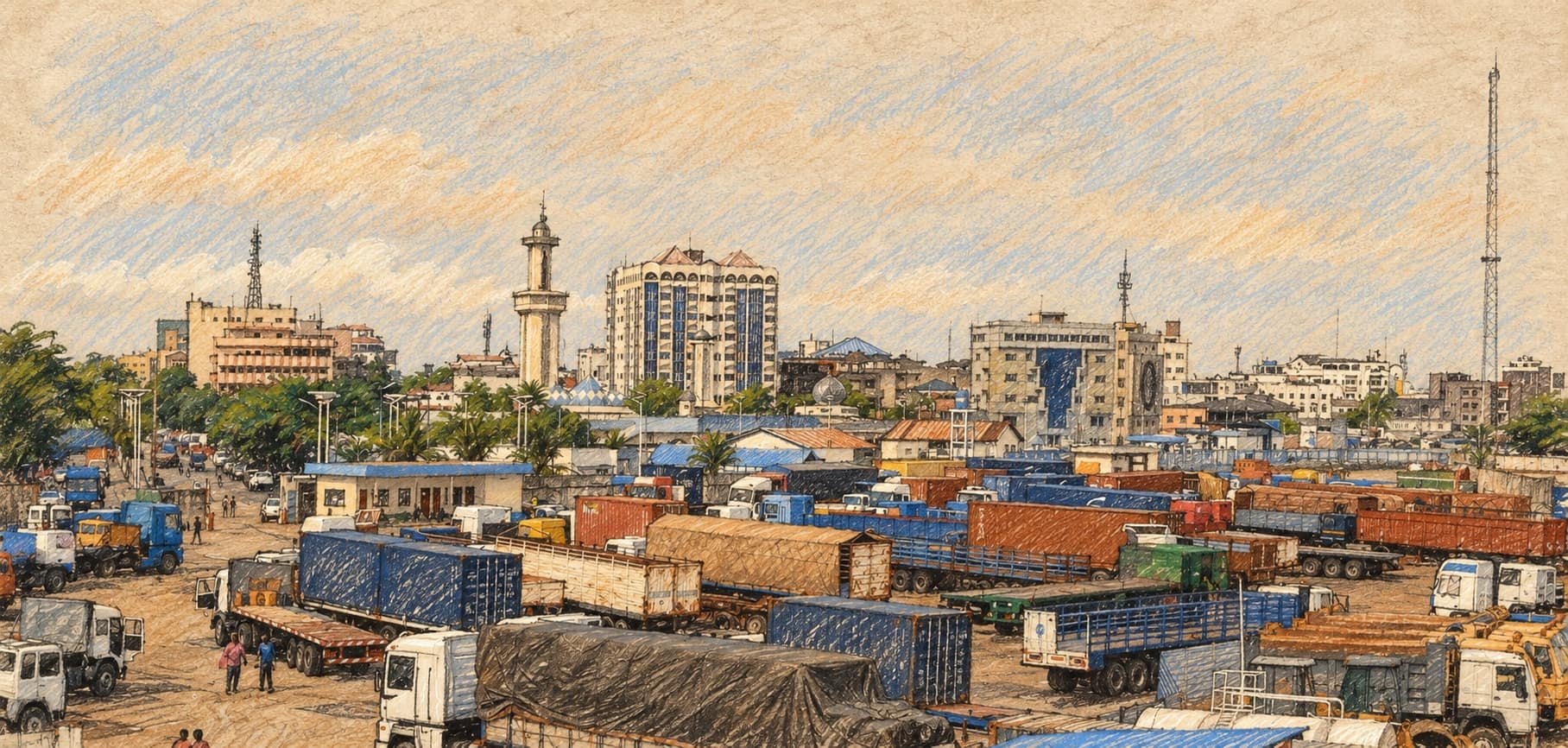 Courtroom-sketch editorial illustration of an archival April 2024 shipping-container and truck yard in Cotonou, Benin, with multistory buildings and a slender tower in the distance, rendered in warm ochre and slate-blue pastel strokes; commercial-city context, not a depiction of the October 2026 agreement exchange in Abu Dhabi.