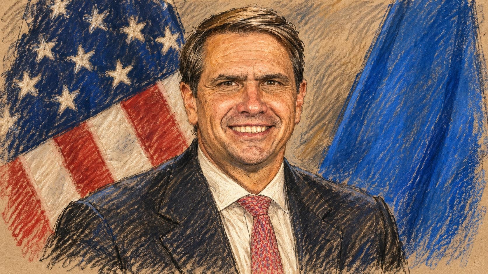 Courtroom-sketch editorial illustration of Todd Blanche in his archival August 2026 official portrait, wearing a dark suit and red tie between the U.S. flag and plain blue fabric; contextual portrait, not a depiction of the October 25 interview or Alaska litigation, rendered in warm ochre and slate-blue pastel strokes.