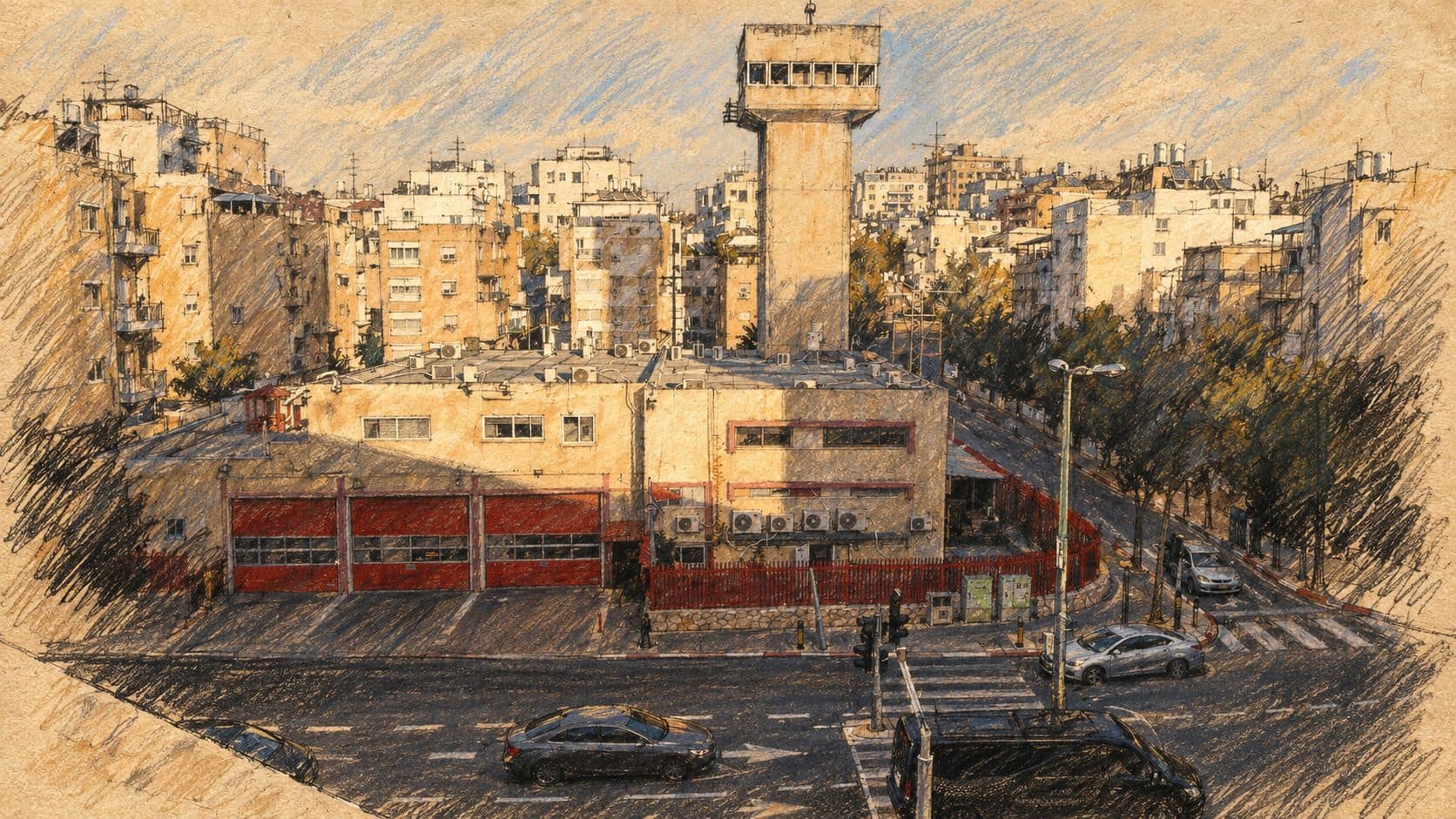 Courtroom-sketch editorial illustration of an archival Bnei Brak neighborhood cityscape with its fire-station tower and apartment buildings, used as contextual city imagery