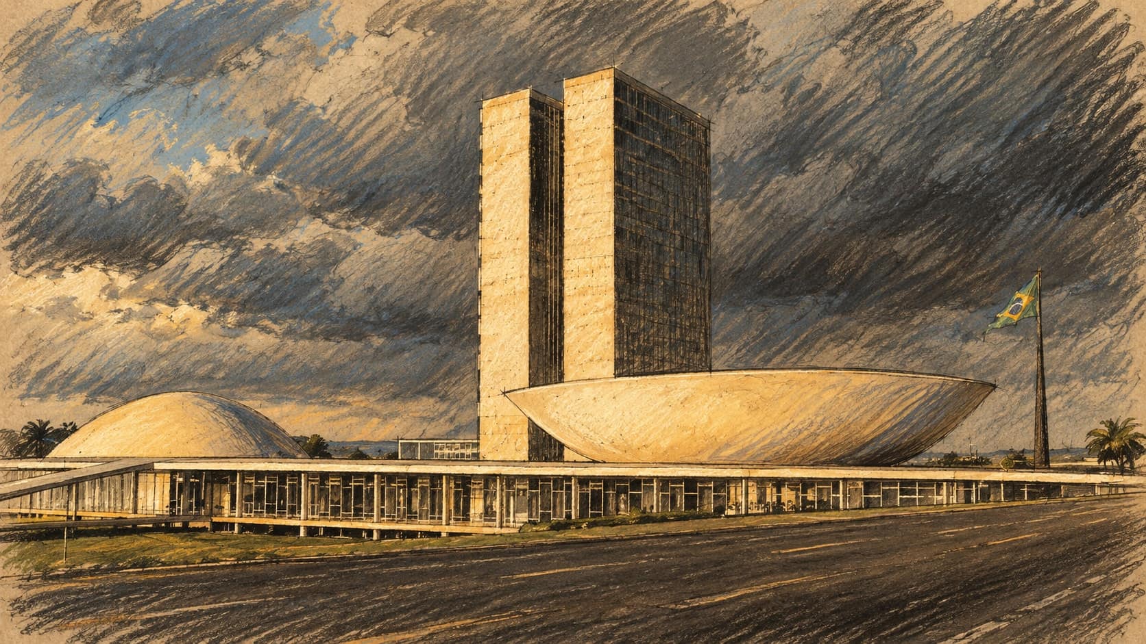 Courtroom-sketch editorial illustration of Brazil’s National Congress in Brasília, with twin towers and domed and bowl-shaped legislative chambers, based on an archival May 2006 photograph for civic context rather than a depiction of October 2026 voting, rendered in warm ochre and slate-blue pastel strokes.