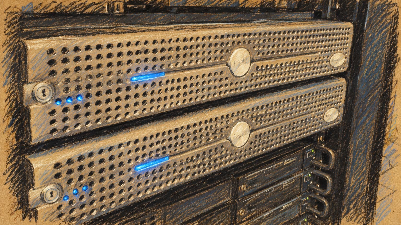Courtroom-sketch editorial illustration of archival rack-mounted computer servers with silver front panels and blue indicator lights, providing context for the cybersecurity report.