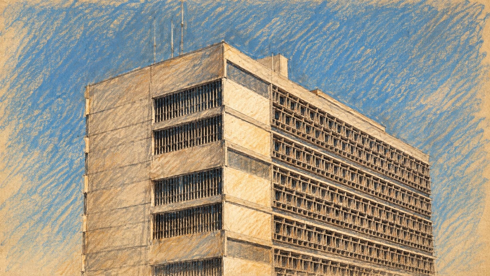 Courtroom-sketch editorial illustration of an archival view of the Tel Aviv District Court upper facade against the sky; institutional context for the ruling.