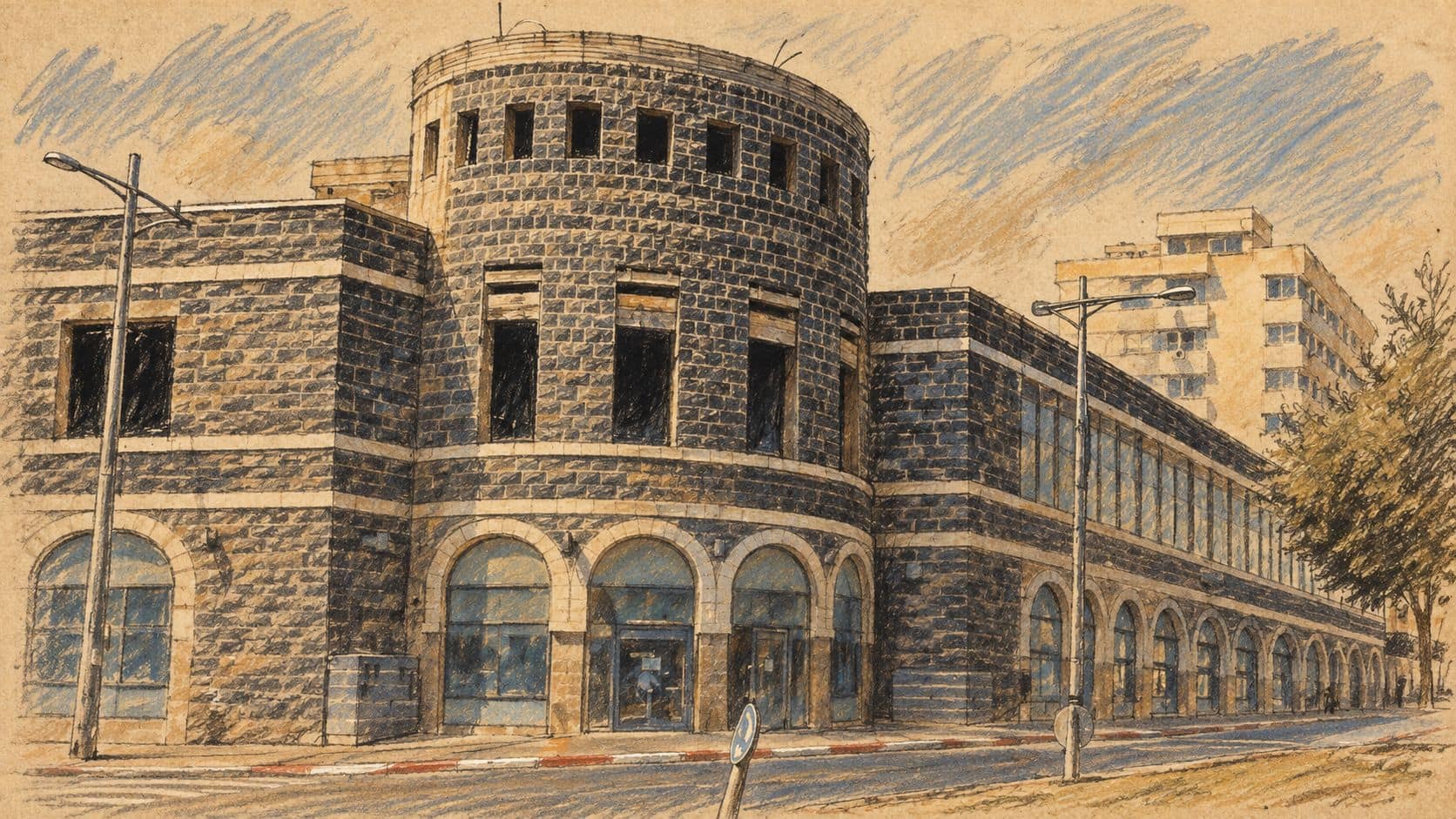 Courtroom-sketch editorial illustration of the basalt Discount Bank building in Tiberias; archival banking context for the warning about possible sanctions.