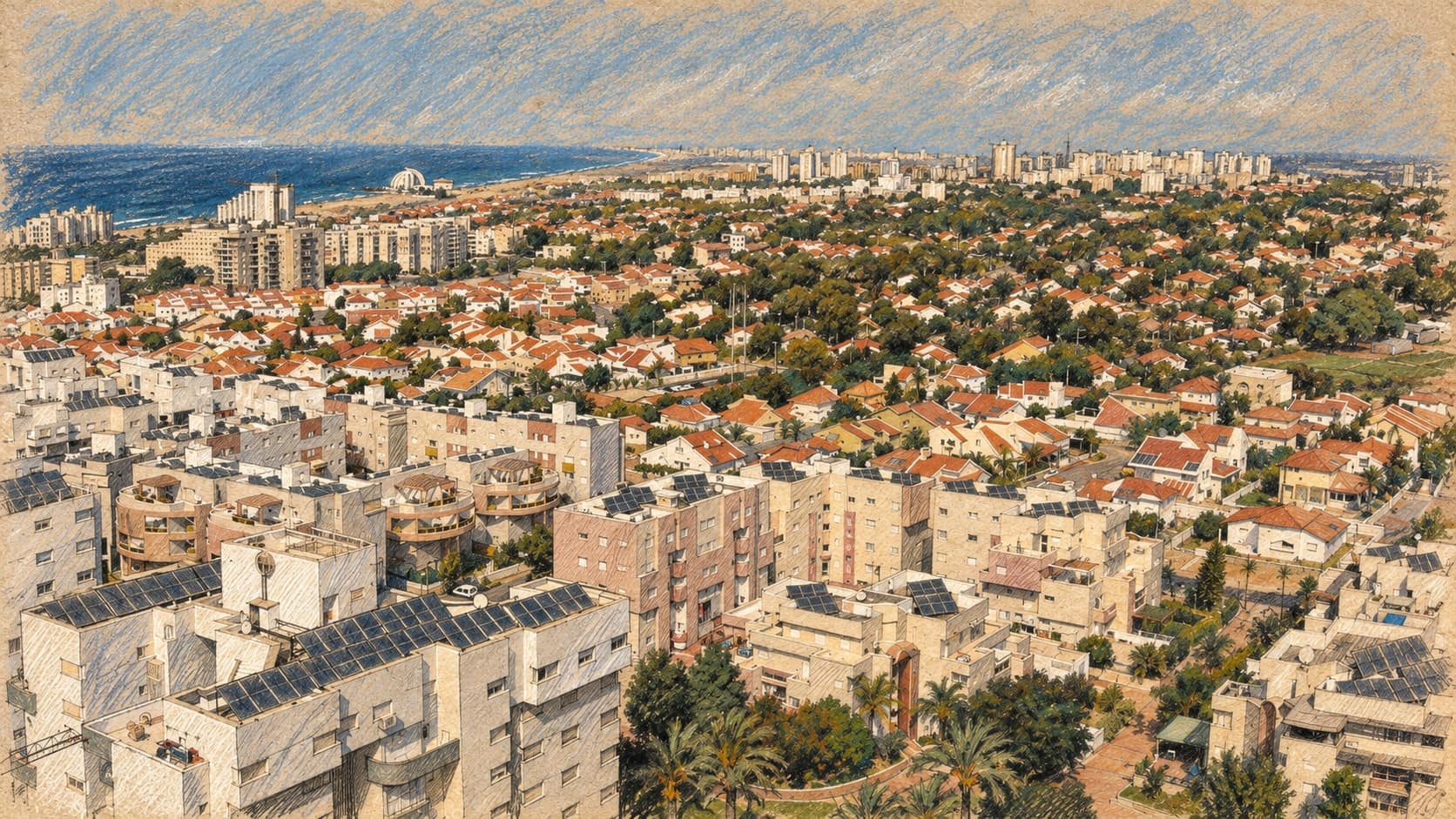 Courtroom-sketch editorial illustration of an archival 2007 view of Ashkelon apartment blocks, red-roofed neighborhoods and the Mediterranean horizon; city context, not the funeral