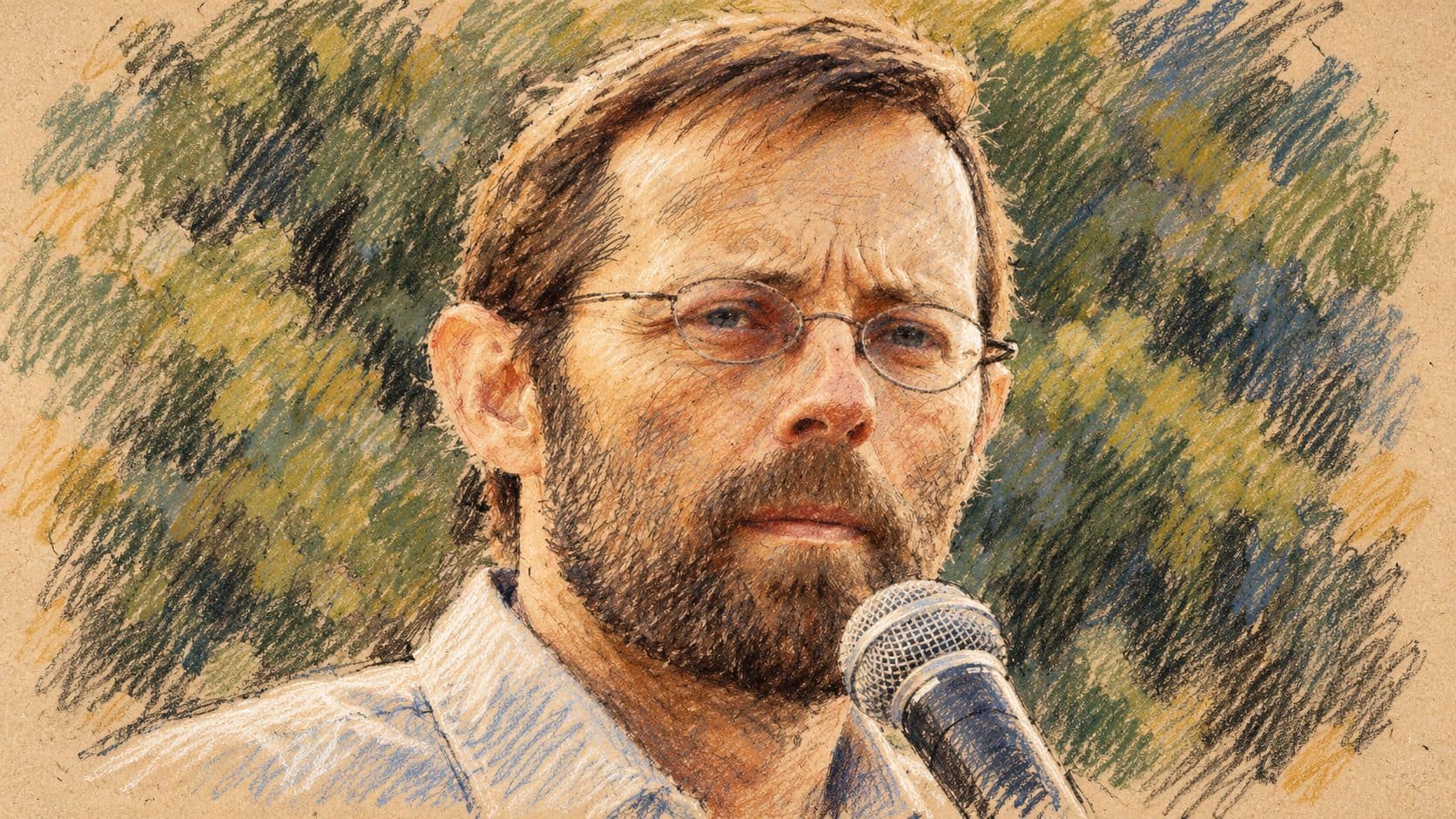 Courtroom-sketch editorial illustration of an archival portrait of Moshe Feiglin wearing glasses and speaking into a microphone before foliage.