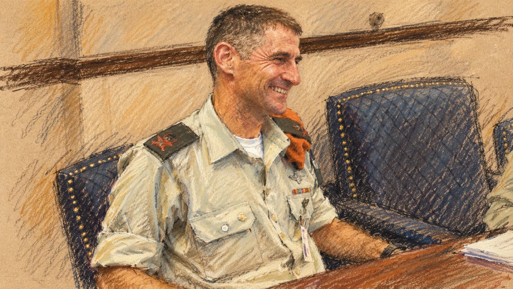 Courtroom-sketch editorial illustration based on an archival 2009 portrait of Yair Golan seated at a conference table