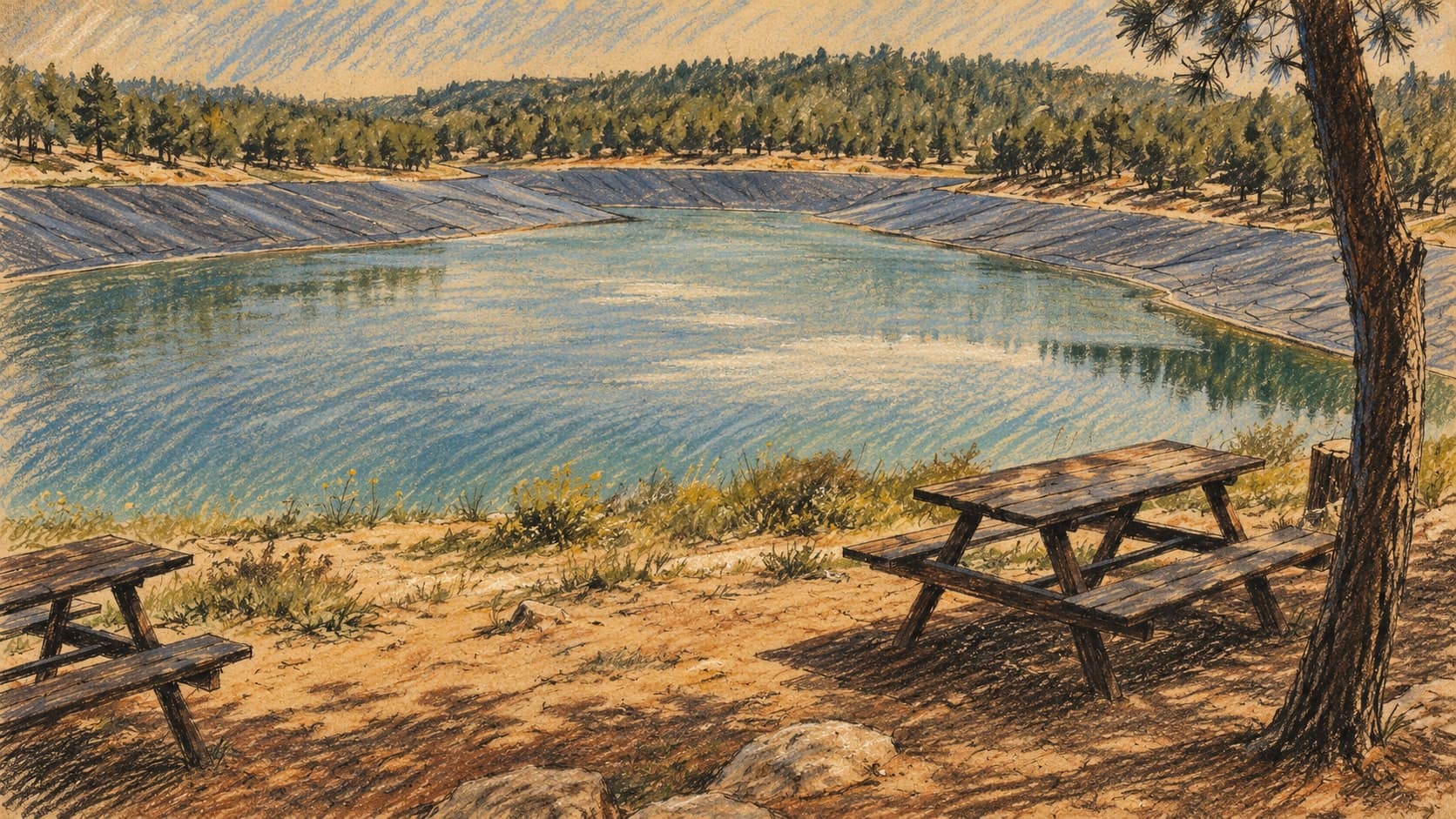 Courtroom-sketch editorial illustration of Yatir reservoir and surrounding forest, a contextual archival view of the southern Hebron Hills region