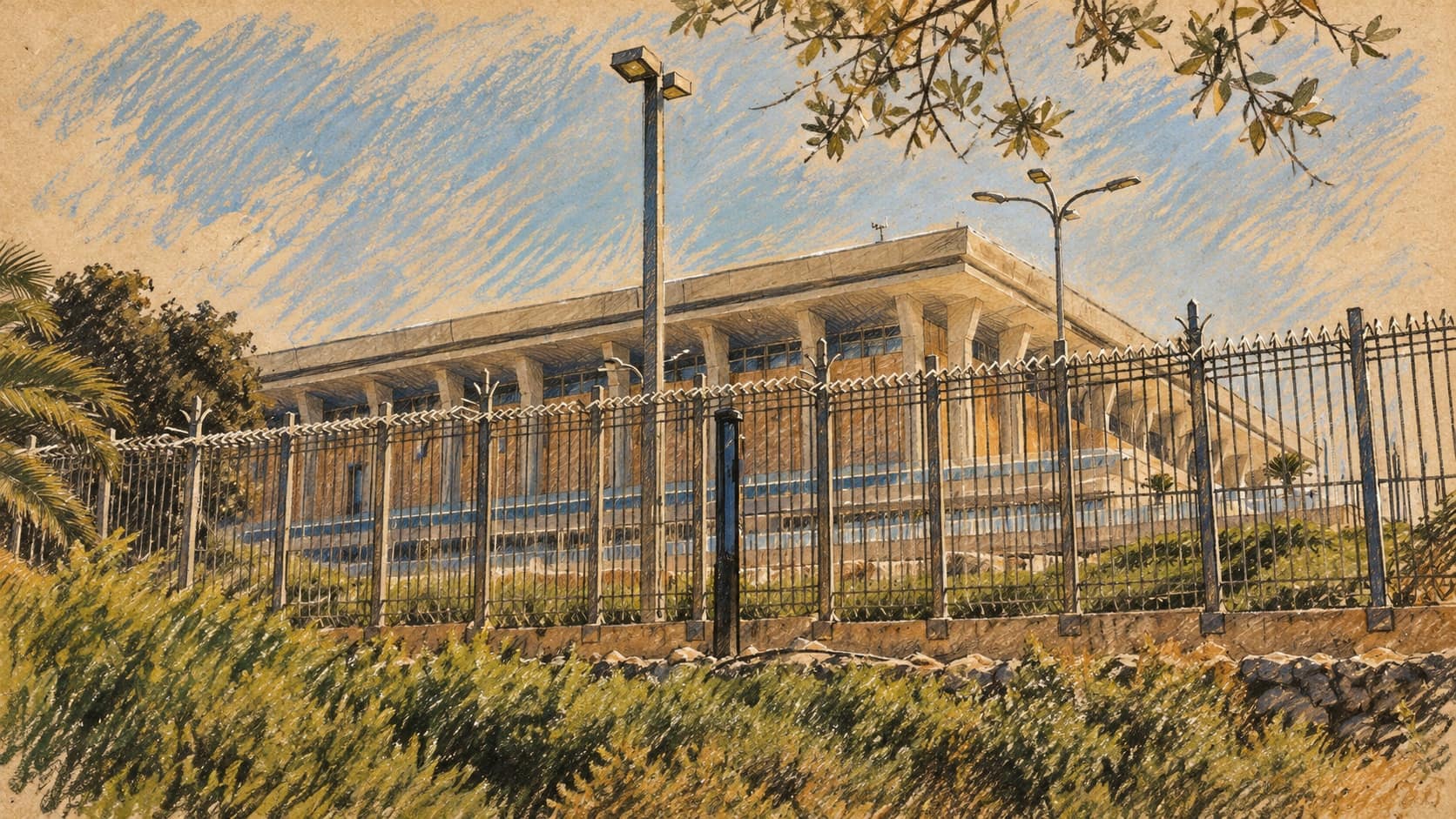 Courtroom-sketch editorial illustration of the Knesset parliament building behind a metal fence and shrubs, based on an archival 2018 exterior photograph; context for Israel’s electoral debate.