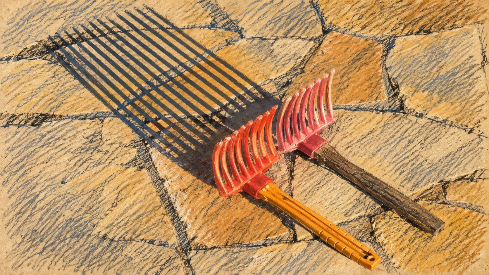 Courtroom-sketch editorial illustration of two olive-harvesting combs and their shadows on stone paving, used as a contextual image of harvest tools