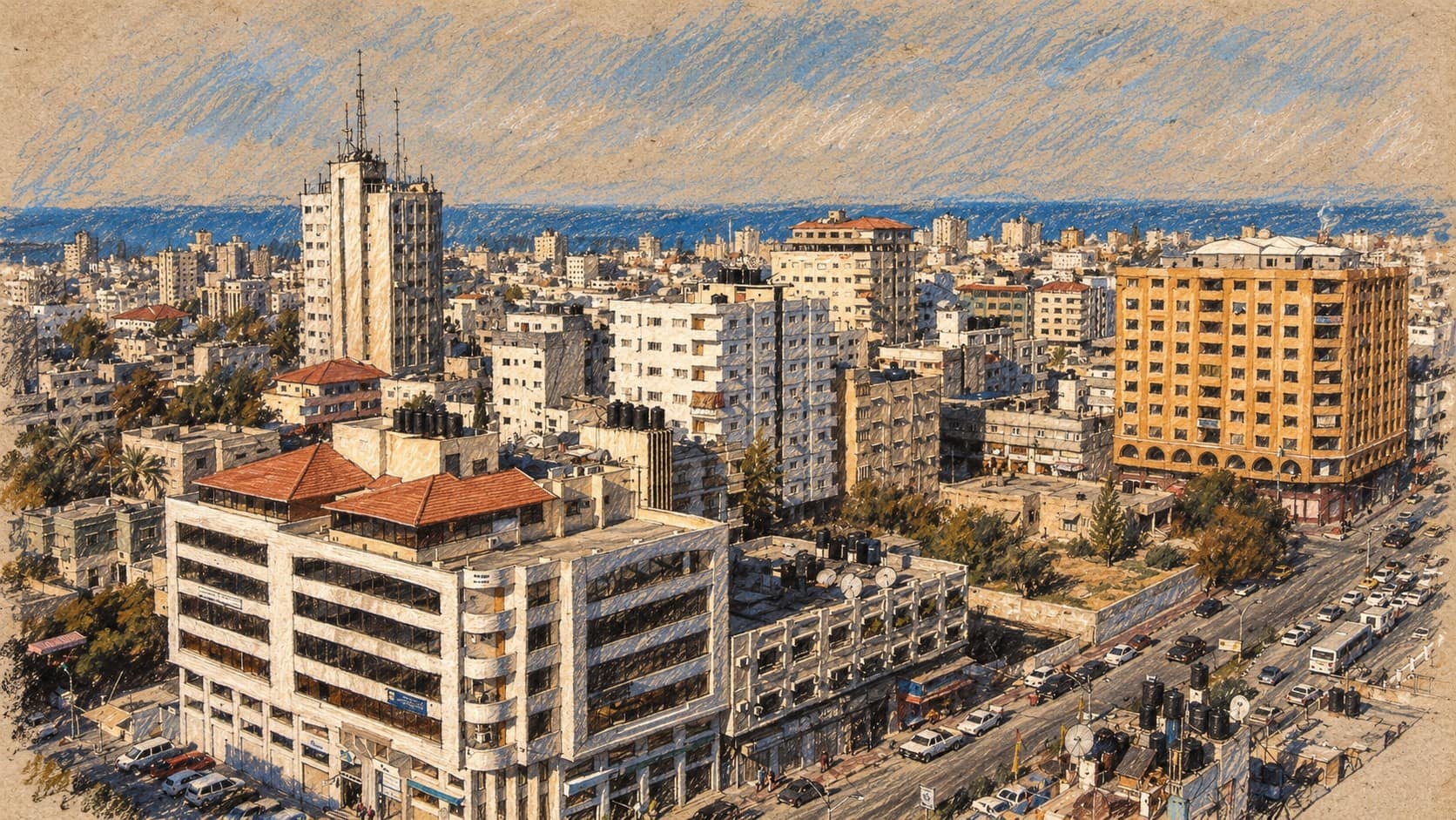 Courtroom-sketch editorial illustration of an archival 2007 Gaza City skyline with white buildings, a red-roofed foreground block, roads and the Mediterranean horizon; geographic context rather than the reported strike.