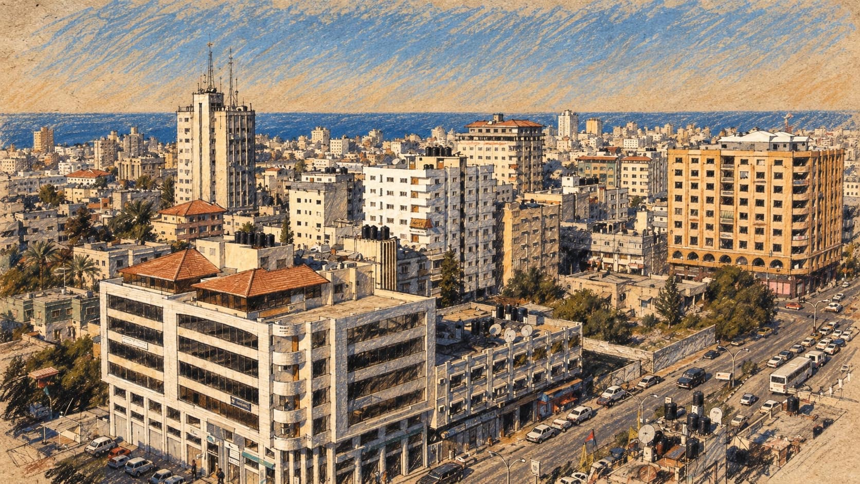 Courtroom-sketch editorial illustration of an archival 2007 Gaza City skyline, with multistory buildings, a street and the Mediterranean Sea; geographic context for the announcement.