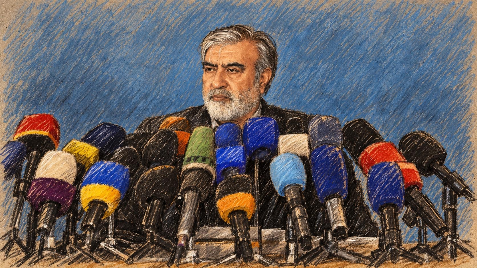 Courtroom-sketch editorial illustration of an archival scene of Ebrahim Azizi behind a bank of press microphones against a blue backdrop; this provides context and does not depict his new social-media statement.