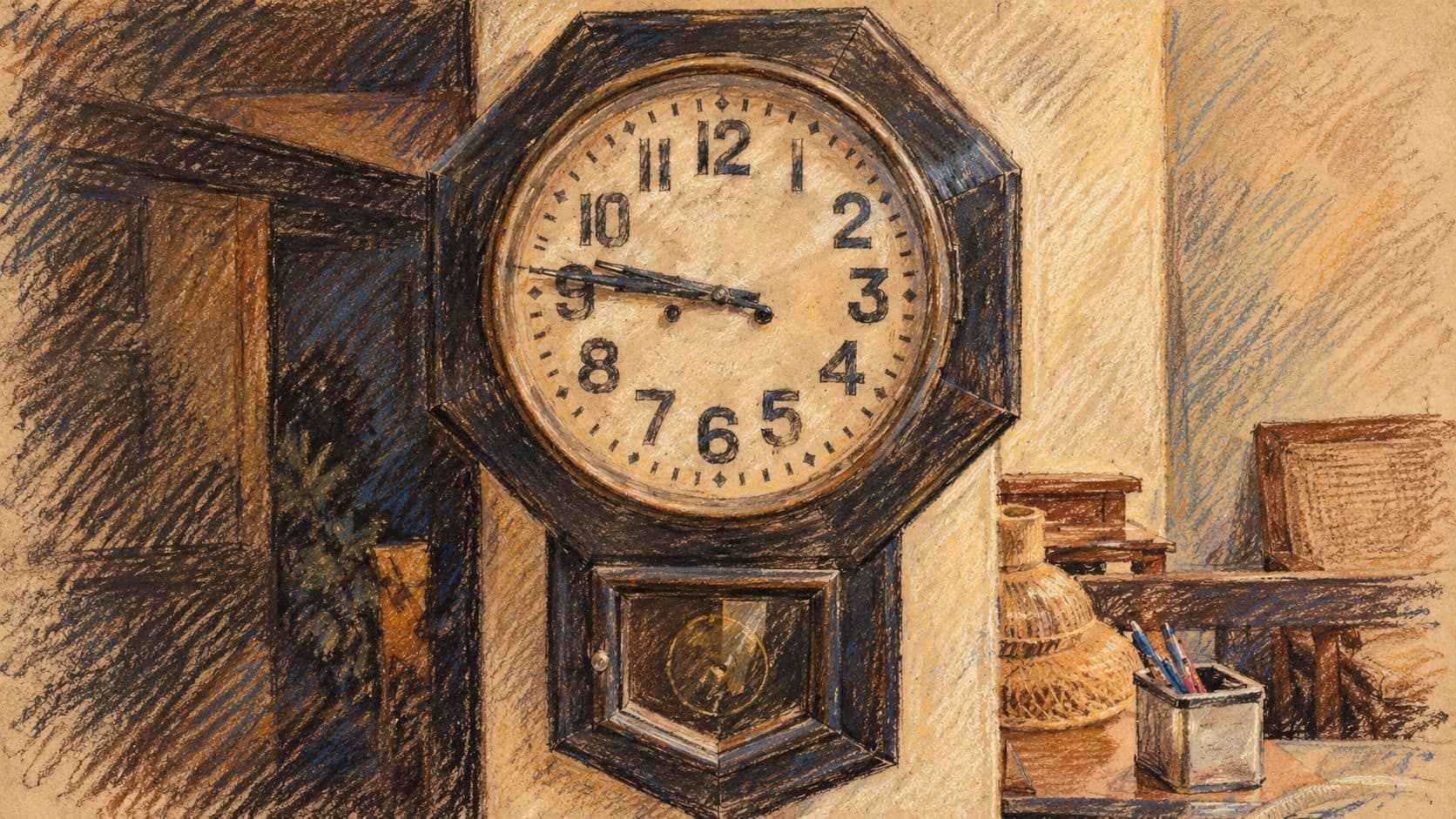Courtroom-sketch editorial illustration of an antique wooden wall clock with a cream analog dial and a pendulum compartment.