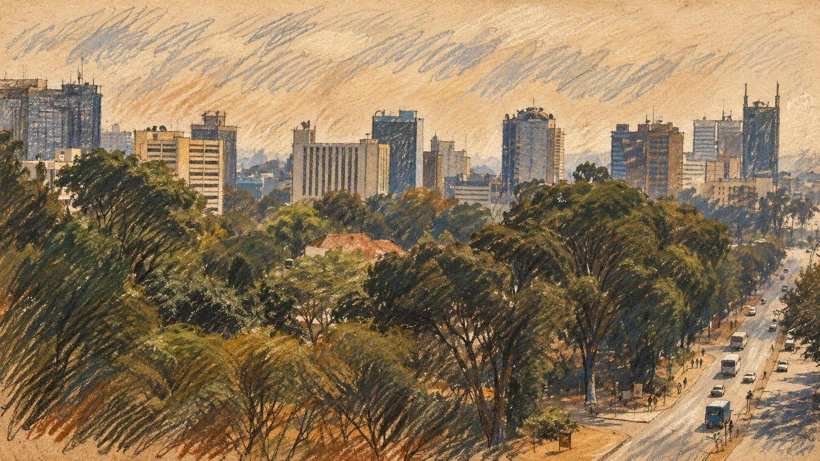 Courtroom-sketch editorial illustration of an archival Nairobi skyline above trees and a road, providing Kenyan context rather than depicting the reported interfaith meeting.