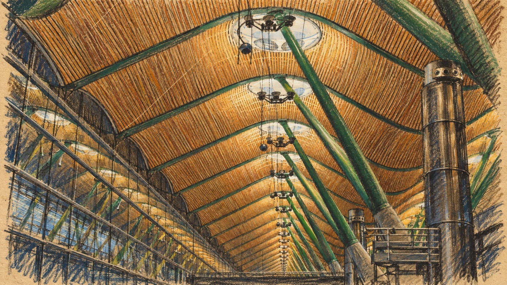 Courtroom-sketch editorial illustration of the roof and green columns inside Madrid-Barajas Airport Terminal 4, based on an archival view