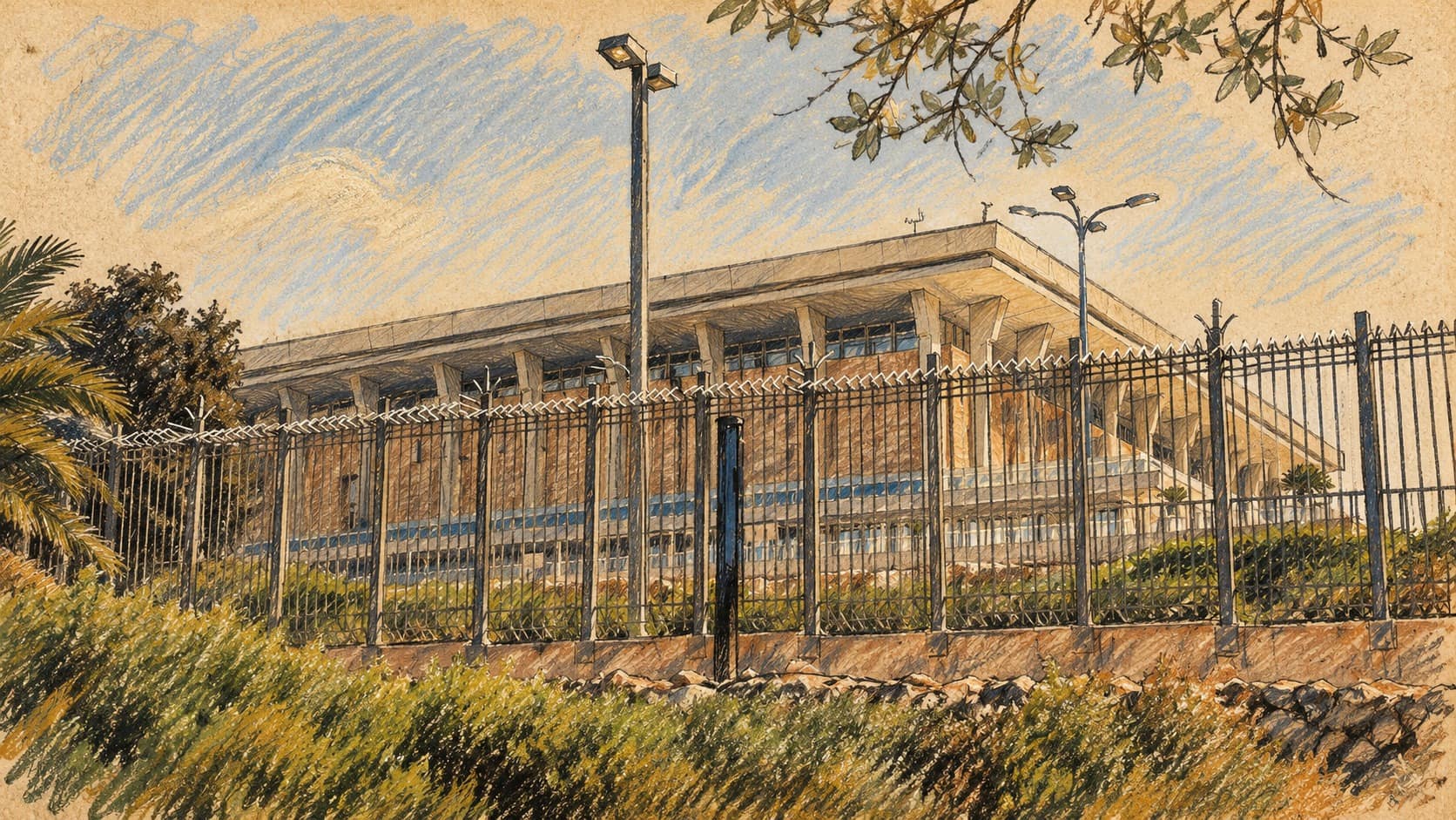Courtroom-sketch editorial illustration of an archival contextual view of the Knesset building behind its fence, with shrubs and streetlights