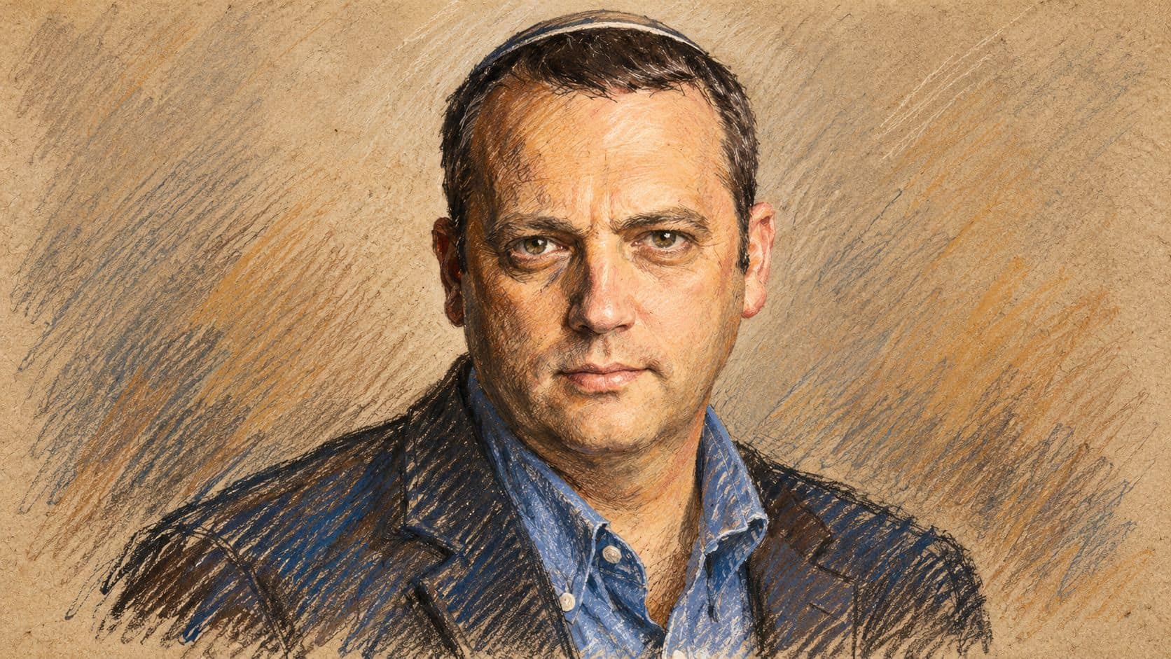 Courtroom-sketch editorial illustration based on an archival portrait of Gilad Kariv in a dark jacket and blue shirt against a neutral background