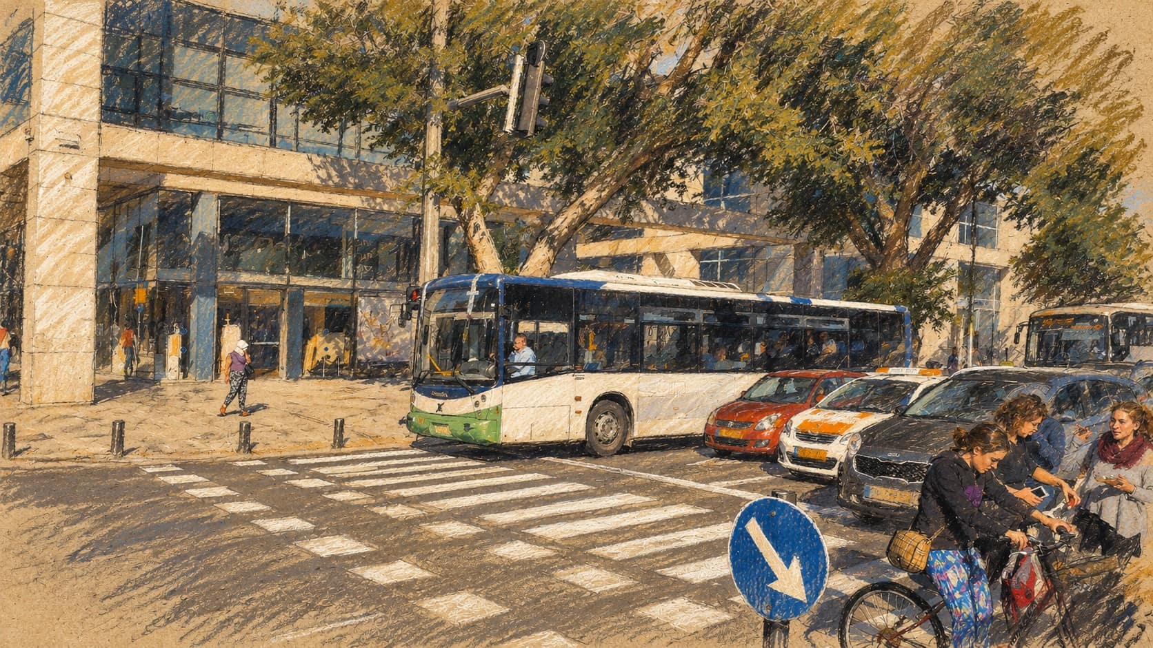 Courtroom-sketch editorial illustration of a Kavim bus crossing a Tel Aviv intersection in an archival January 2018 view, used as operator context for the announced Road 461 closure and Route 476 diversions.
