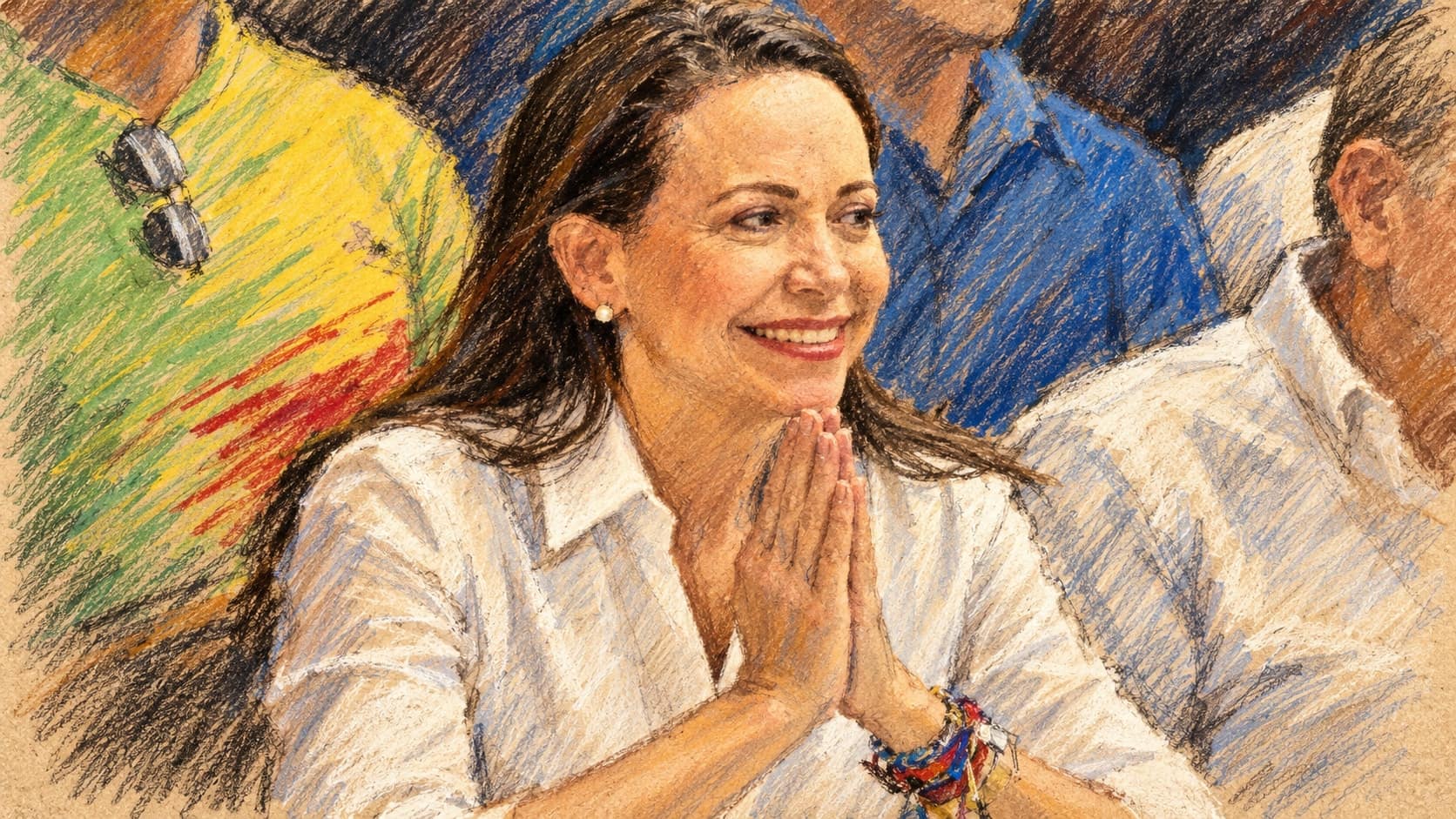 Courtroom-sketch editorial illustration of María Corina Machado smiling with her hands pressed together among other people in an archival October 2023 press-conference portrait in Valencia, rendered in warm ochre and slate-blue pastel strokes; contextual portrait, not a depiction of her October 2026 return or Santa Rosa church visit.