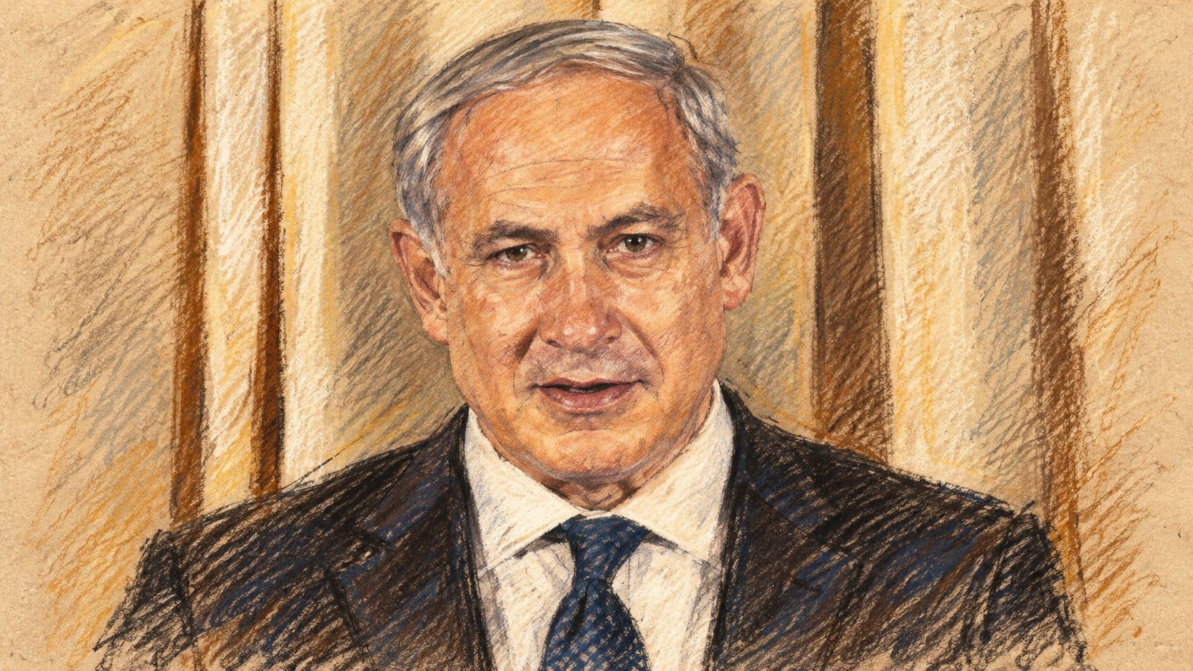 Courtroom-sketch editorial illustration of an archival portrait of Benjamin Netanyahu in a dark suit and blue tie against cream curtains; contextual portrait, not the interview criticized by Meirav Cohen.