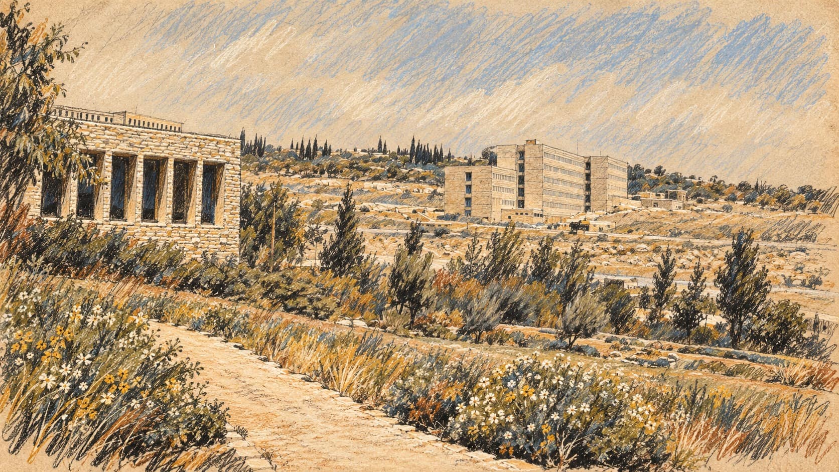 Courtroom-sketch editorial illustration of an archival 1964 Hebrew University Givat Ram campus landscape, used as context for Israeli academic research conferences.