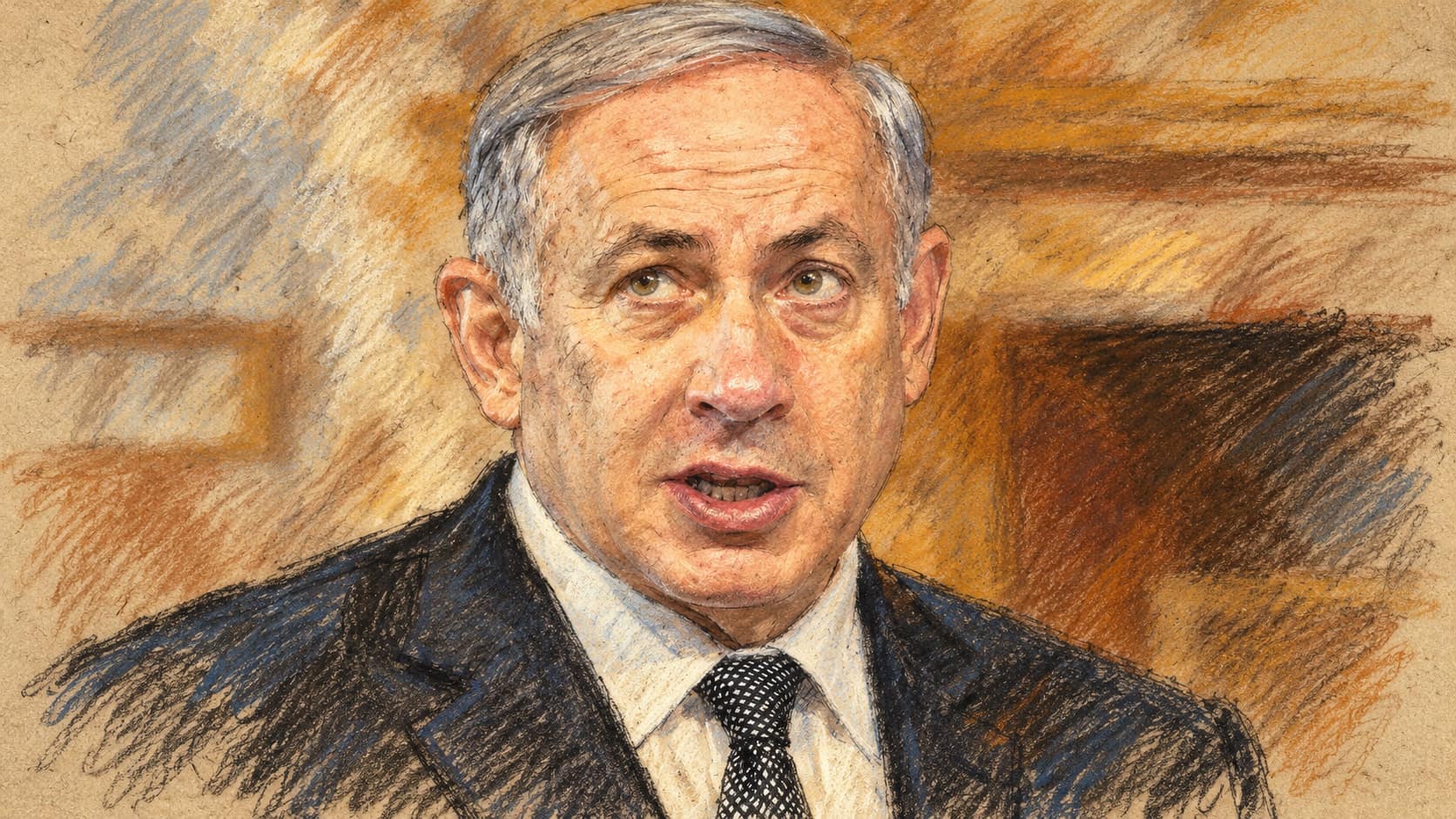 Courtroom-sketch editorial illustration of Benjamin Netanyahu in an archival portrait while addressing reporters in Rome in 2016