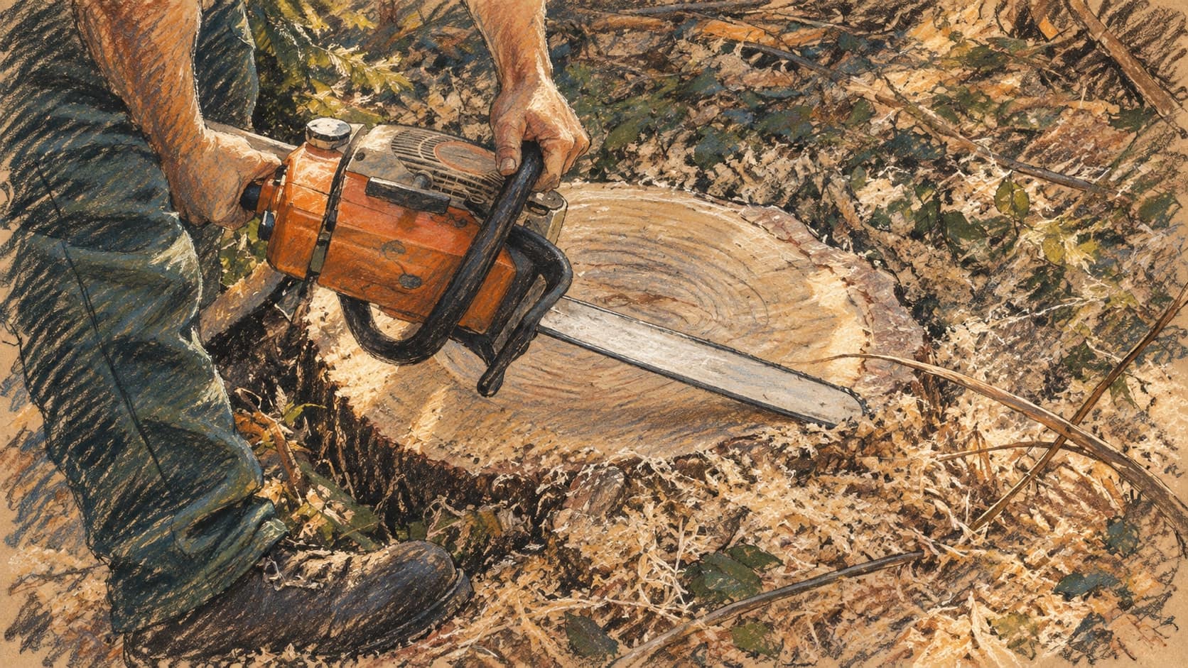 Courtroom-sketch editorial illustration of an archival 2004 chainsaw operator beside a freshly cut tree stump in Yate, England, rendered in warm ochre and slate-blue pastel strokes; contextual tree-felling scene, not the New Zealand accident or deceased worker.