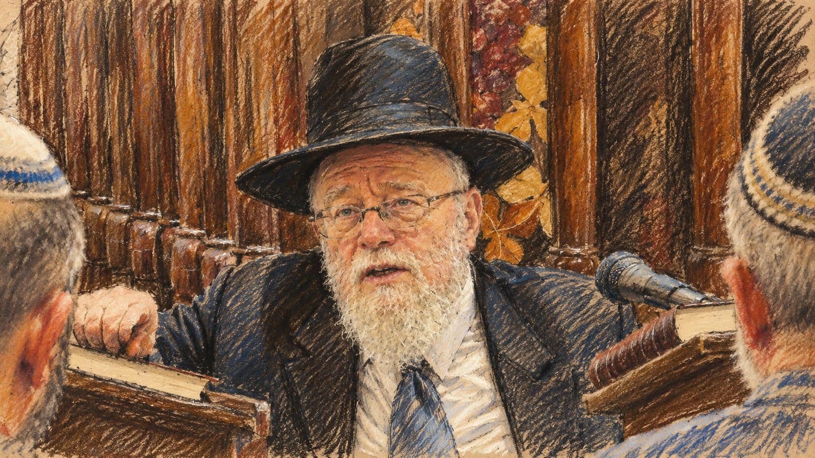Courtroom-sketch editorial illustration of an archival April 2013 portrait of Rabbi Dov Lior in a black hat, glasses and suit, seated beside a microphone while teaching at Beit HaRav; contextual portrait rather than a depiction of his October 2026 letter.