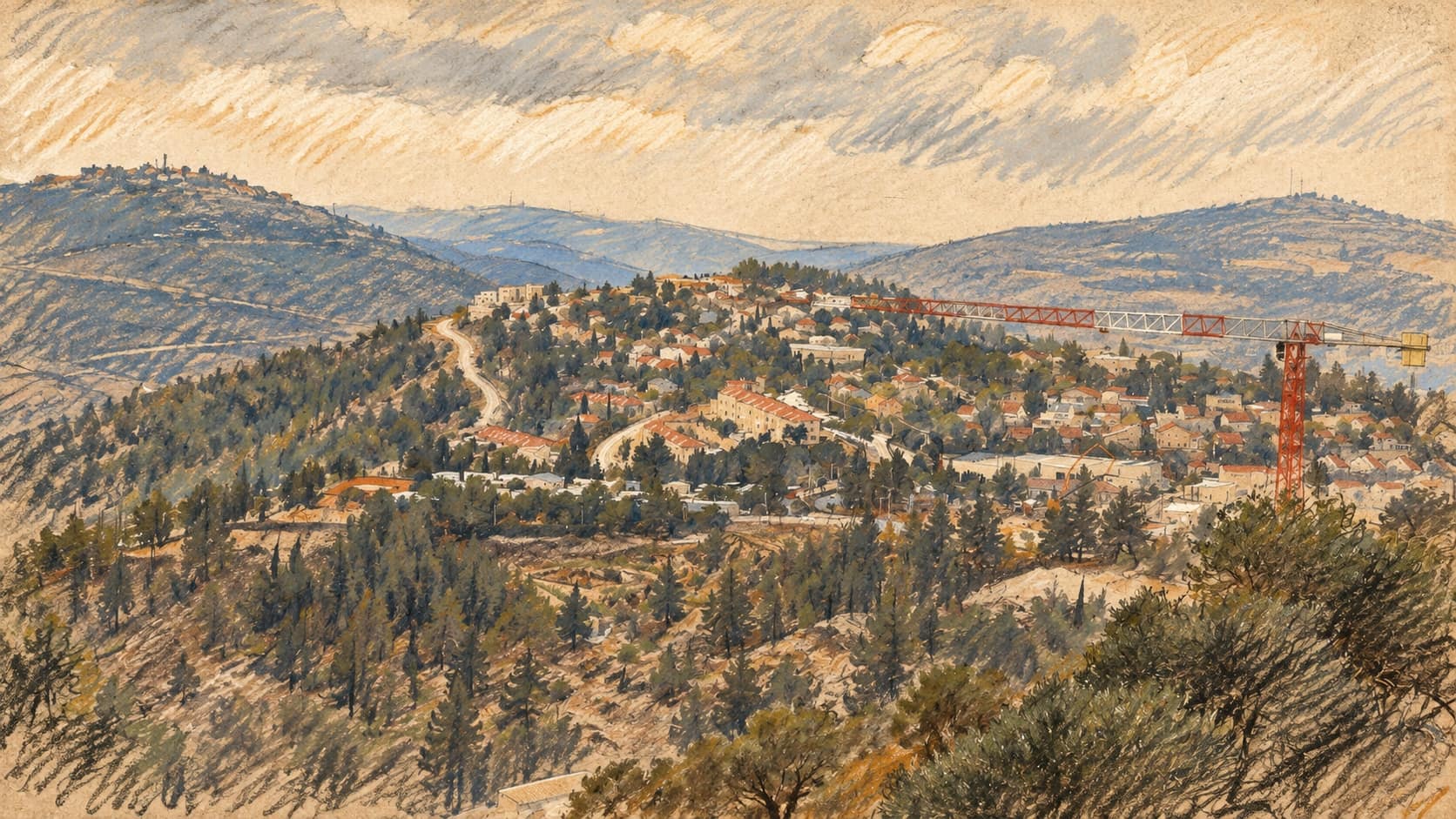 Courtroom-sketch editorial illustration of an archival hillside view of Eli, home to Bnei David, with pine-covered slopes, houses and a construction crane; contextual place imagery, not the new recording