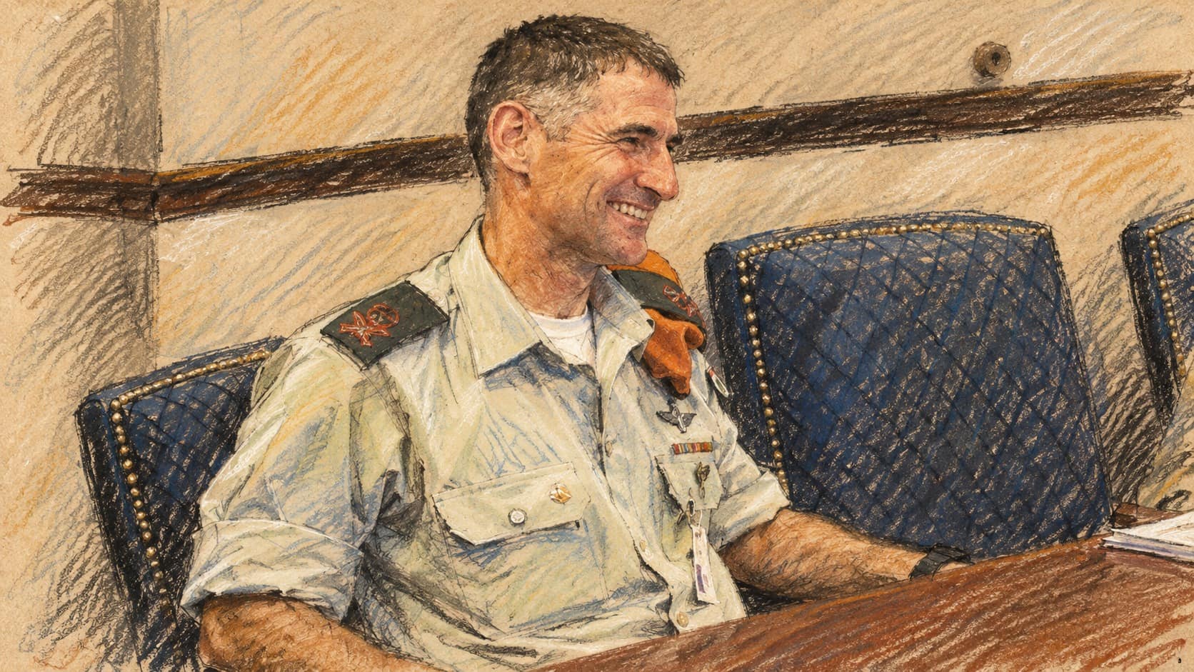 Courtroom-sketch editorial illustration of Yair Golan seated beside blue chairs in an archival June 2009 portrait, shown as context for the report about his protection.