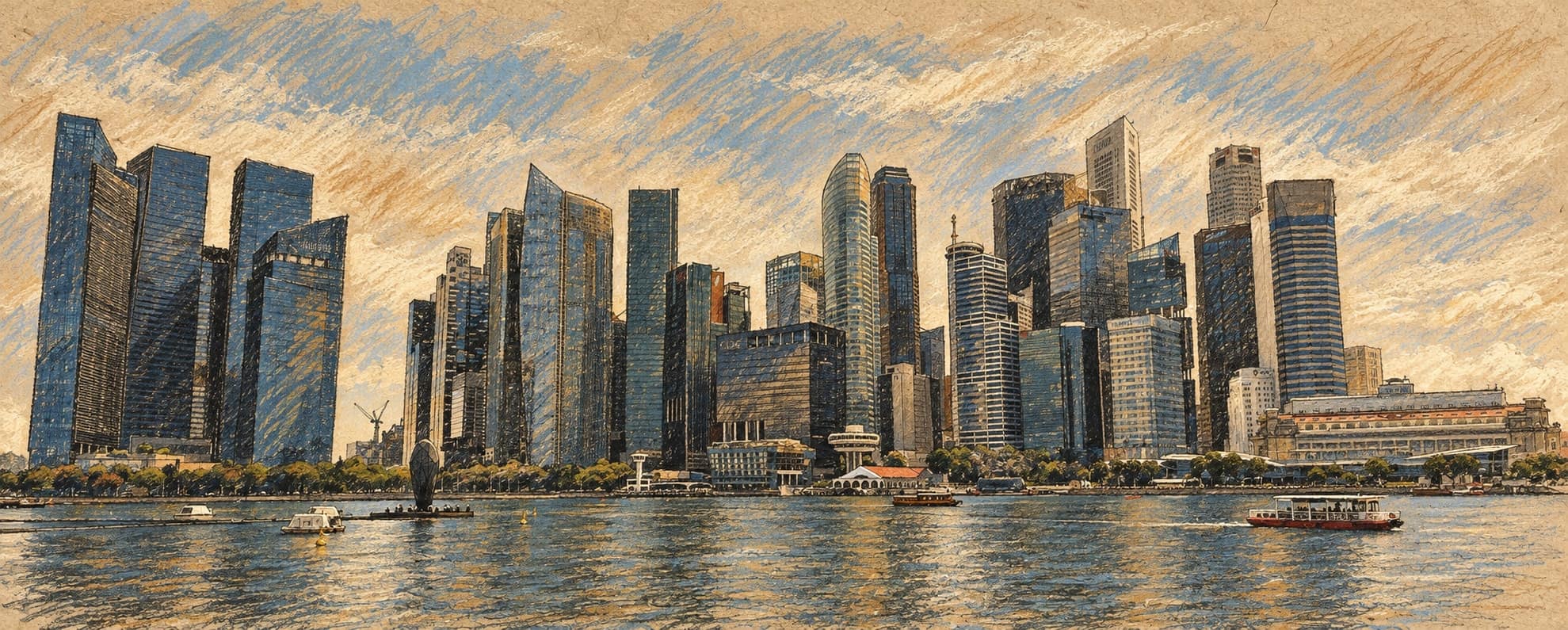 Courtroom-sketch editorial illustration of an archival September 2025 view of Singapore’s Central Business District skyline across Marina Bay, with small boats on the water; contextual city view, not a depiction of October 2026 haze conditions, rendered in warm ochre and slate-blue pastel strokes.