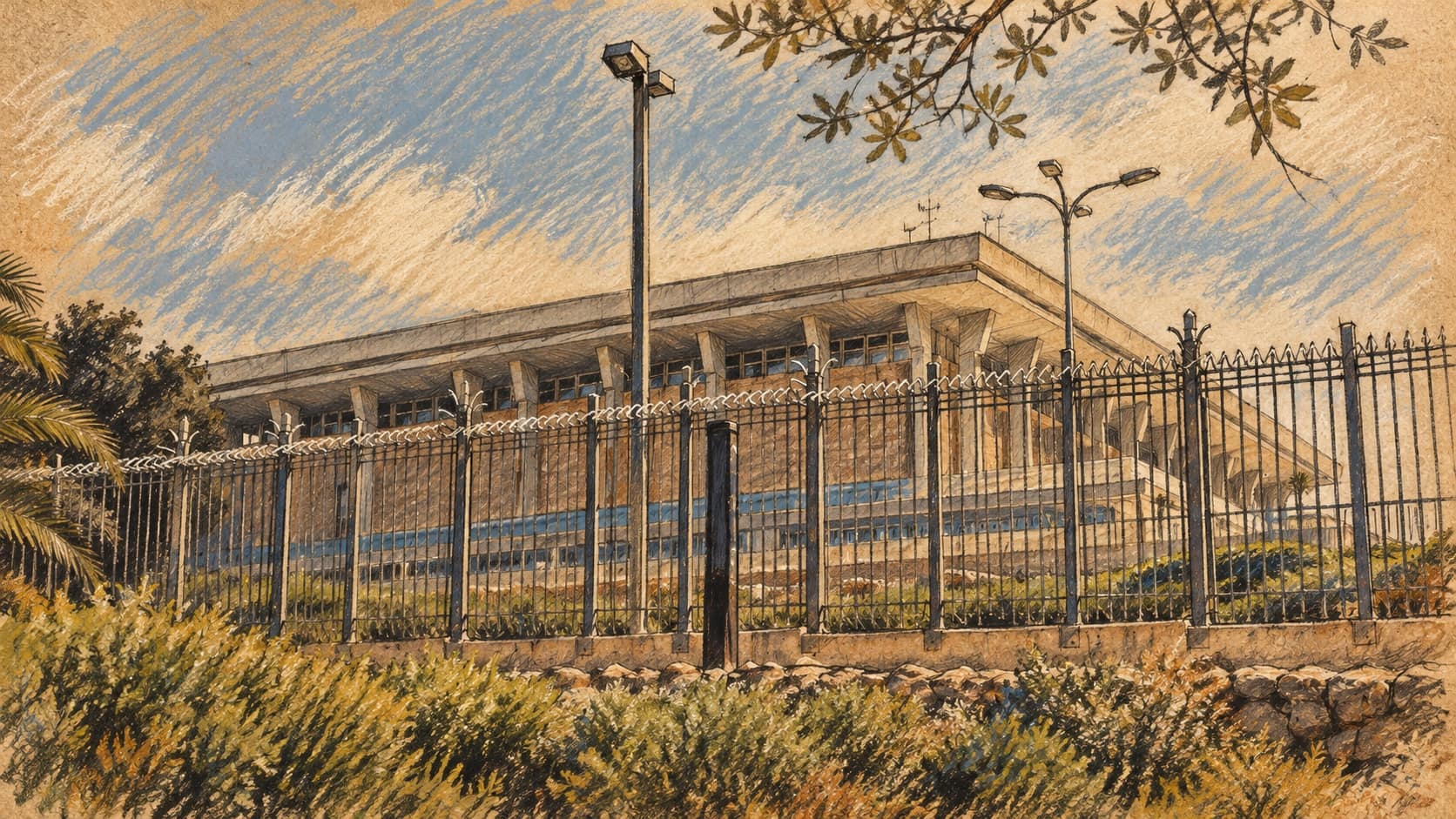 Courtroom-sketch editorial illustration of the Knesset building behind its perimeter fence, based on an archival July 2018 view used as context for electoral politics.
