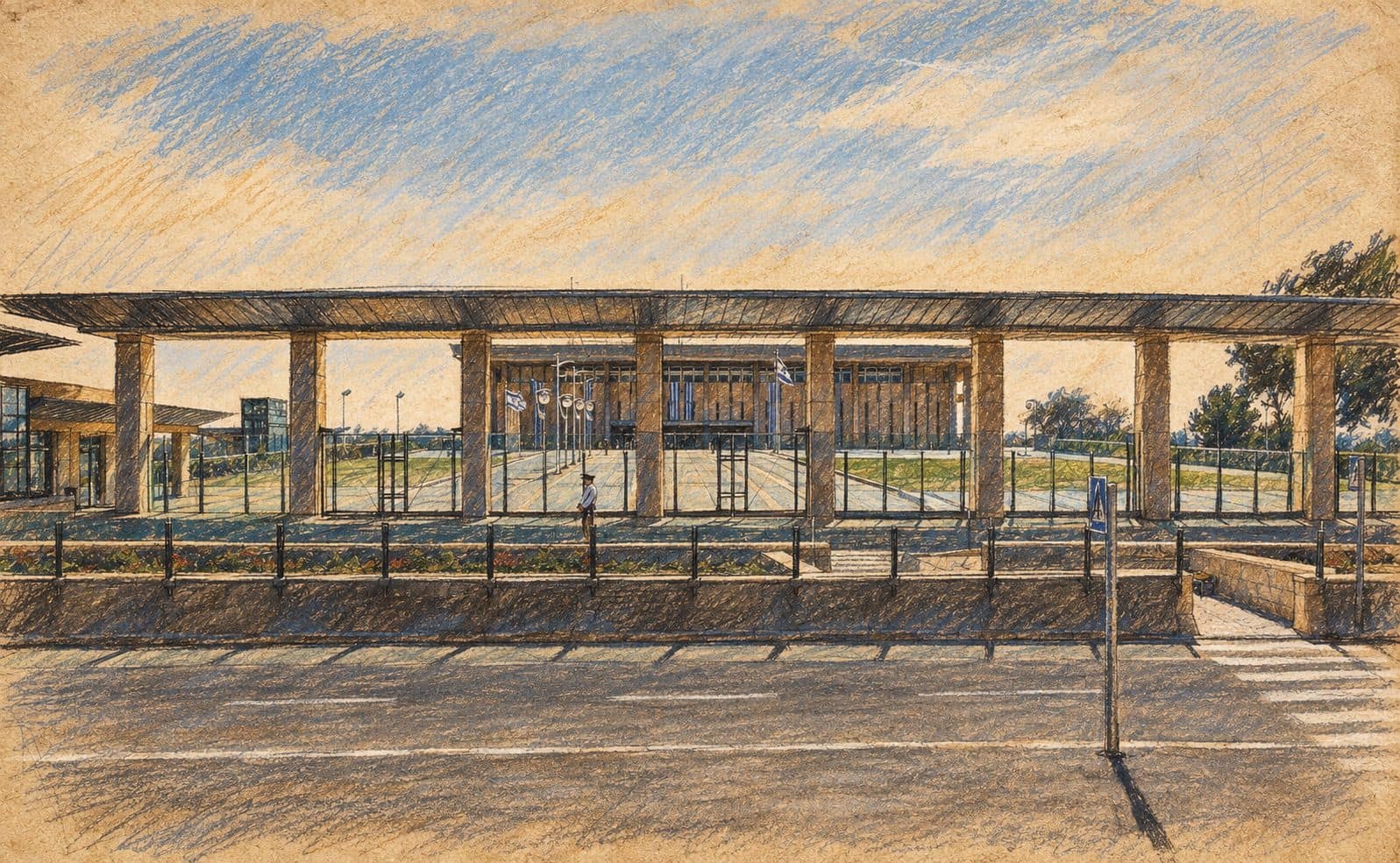 Courtroom-sketch editorial illustration of the Knesset building behind its security canopy and glass fence in an archival November 2008 view, providing institutional context for the Central Elections Committee.