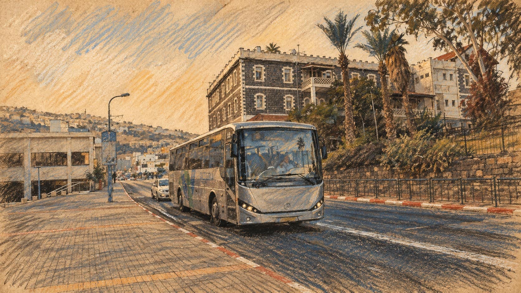 Courtroom-sketch editorial illustration of an archival Superbus vehicle on a Tiberias street in December 2017, providing operator context; this does not depict Jerusalem Line 92 or the Moradot Gilo extension.
