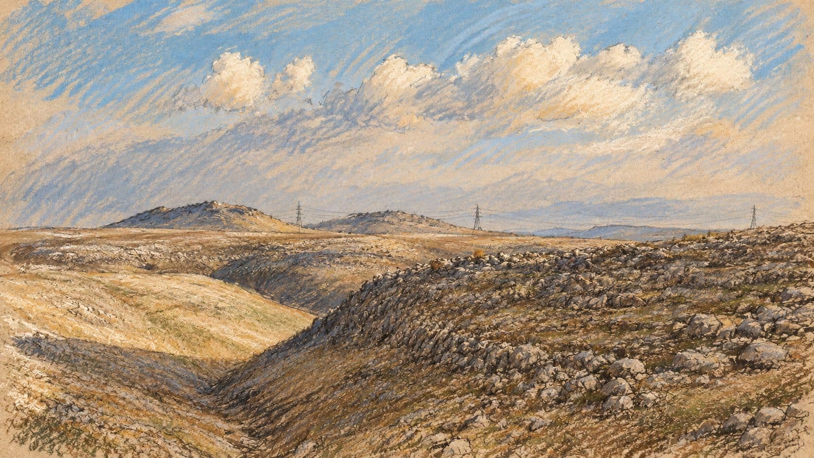 Courtroom-sketch editorial illustration of an archival 2020 view of rocky rolling hills in the Upper Galilee, with pale grass, distant ridges and clouds; geographic context for the survey.