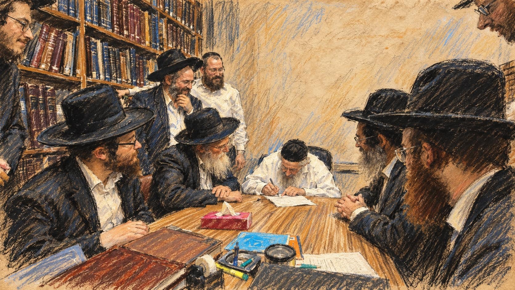 Courtroom-sketch editorial illustration of Rabbi Dov Landau writing at a table with visitors during an archival June 2024 meeting