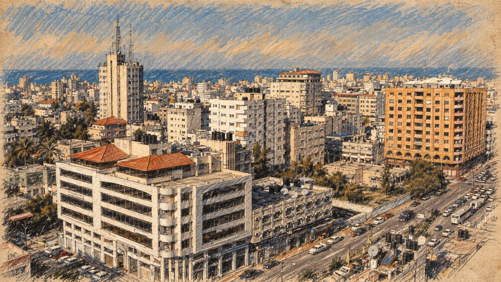 Courtroom-sketch editorial illustration of an archival 2007 Gaza City panorama with dense buildings and the distant sea; geographic context, not the reported strike or present-day city conditions.