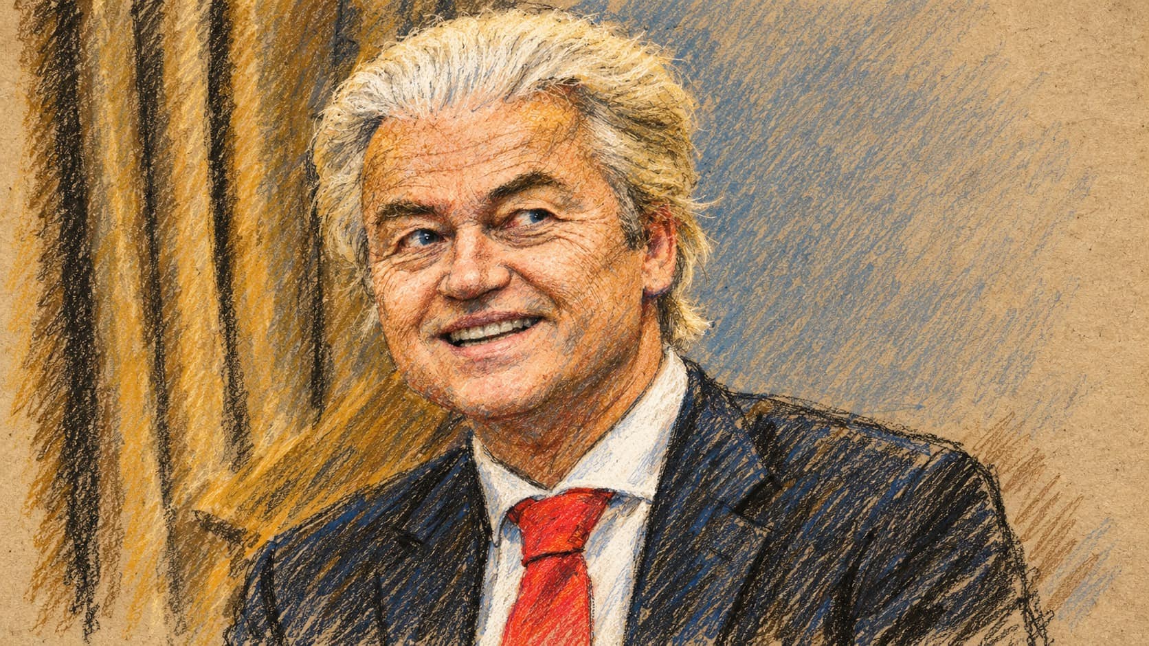 Courtroom-sketch editorial illustration of Geert Wilders smiling in a dark suit and red tie in an archival February 2025 portrait; context for his endorsement, not a new meeting with Netanyahu.