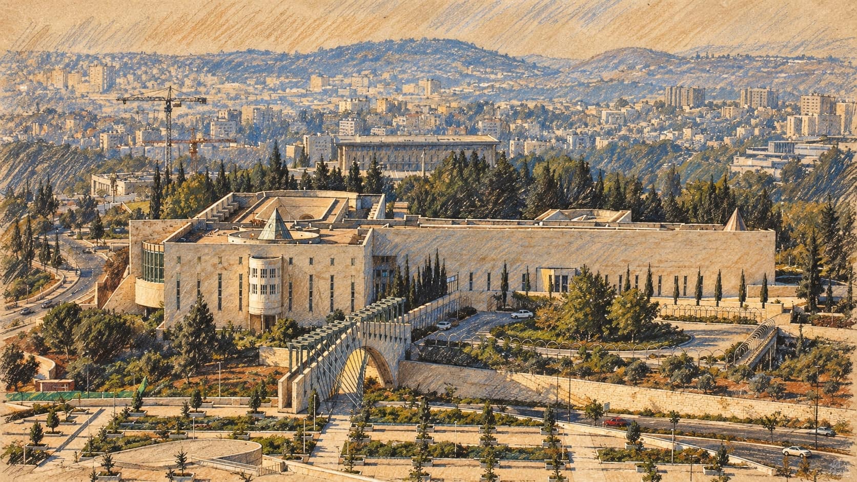 Courtroom-sketch editorial illustration of the Supreme Court of Israel building in Jerusalem, based on an elevated archival 2006 photograph; institutional context rather than a depiction of the inquiry or the new appointments.
