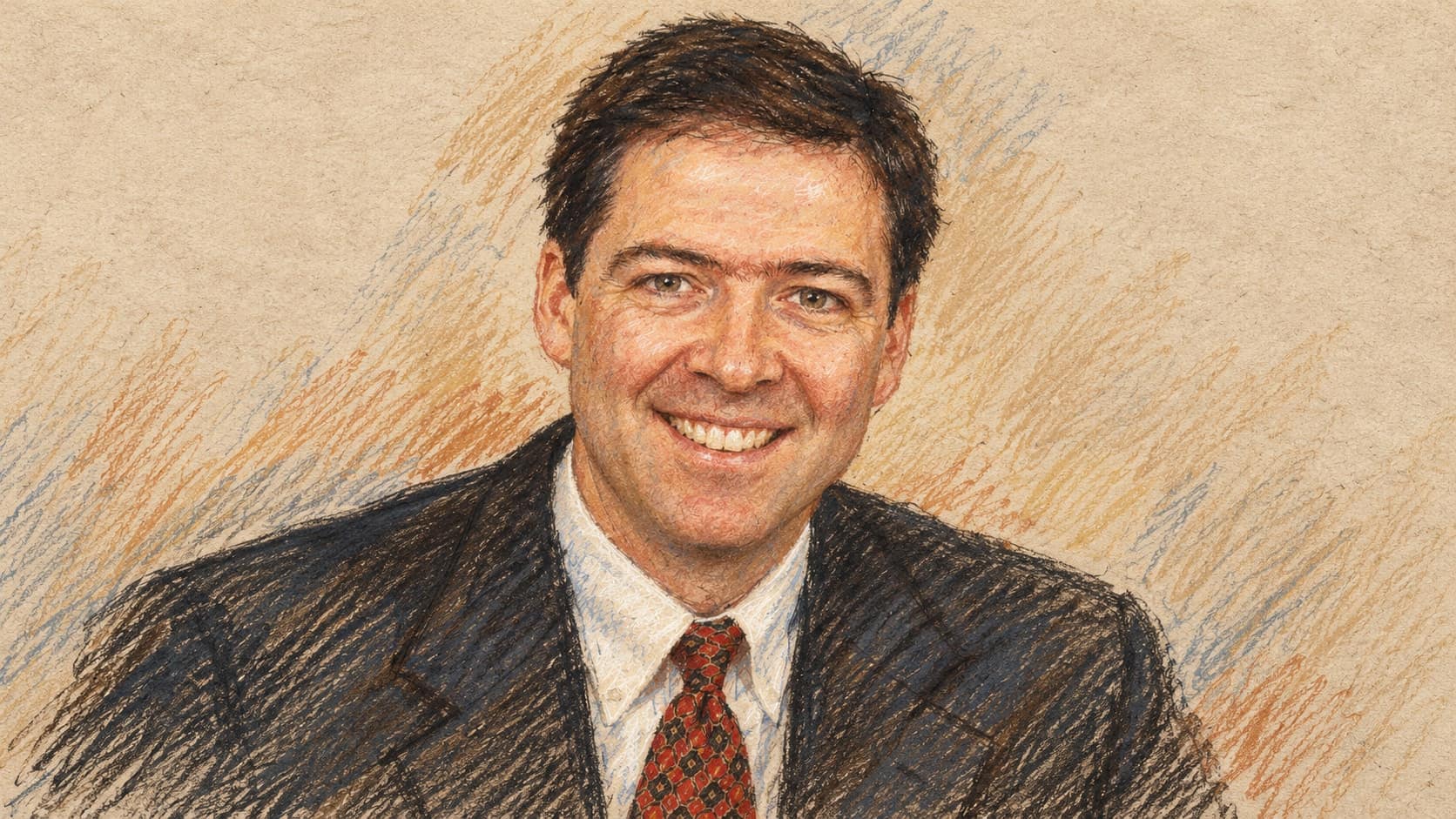 Courtroom-sketch editorial illustration of James Comey smiling in a dark suit, white shirt and patterned red tie against a plain light background, based on his archival 2002–2003 Justice Department portrait; actor context rather than the current court proceedings, rendered in warm ochre and slate-blue pastel strokes.