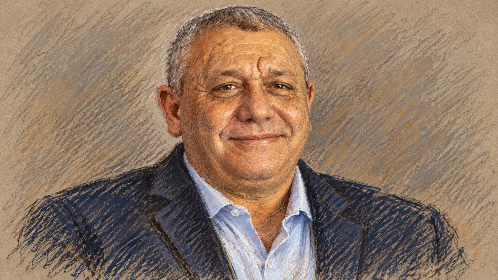 Courtroom-sketch editorial illustration of Gadi Eisenkot wearing a navy jacket and open-collar blue shirt, based on an archival February 2024 portrait; contextual image for reported coalition talks