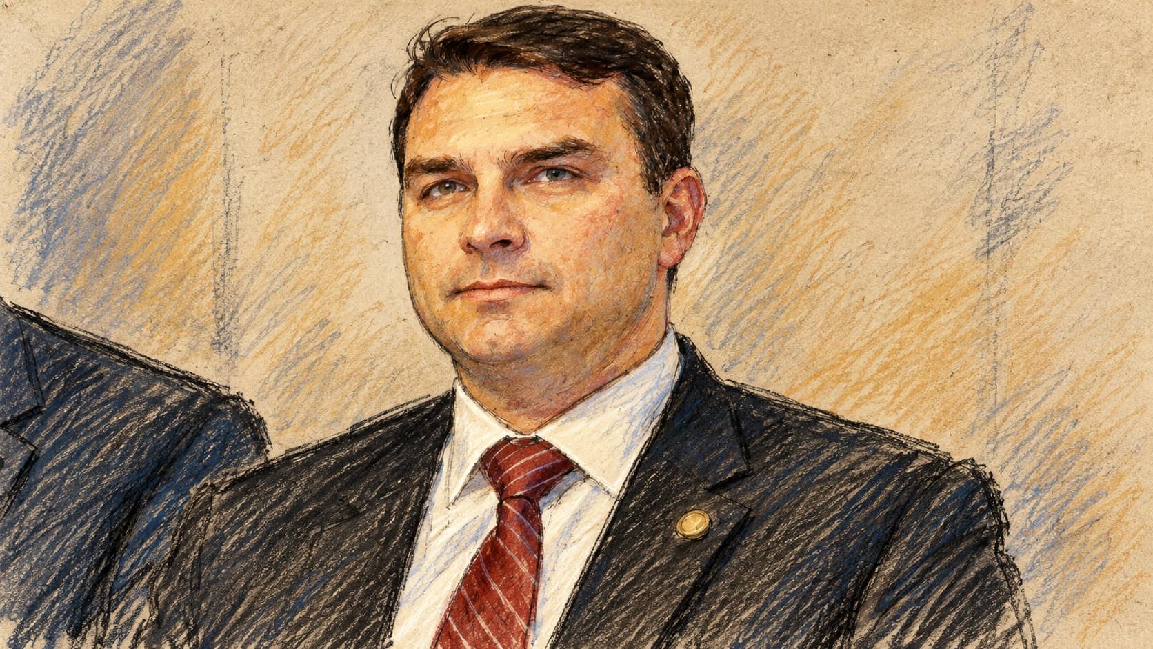 Courtroom-sketch editorial illustration of an archival 2018 portrait of Flávio Bolsonaro in a dark suit and red tie against a pale background, rendered in warm ochre and slate-blue pastel strokes.