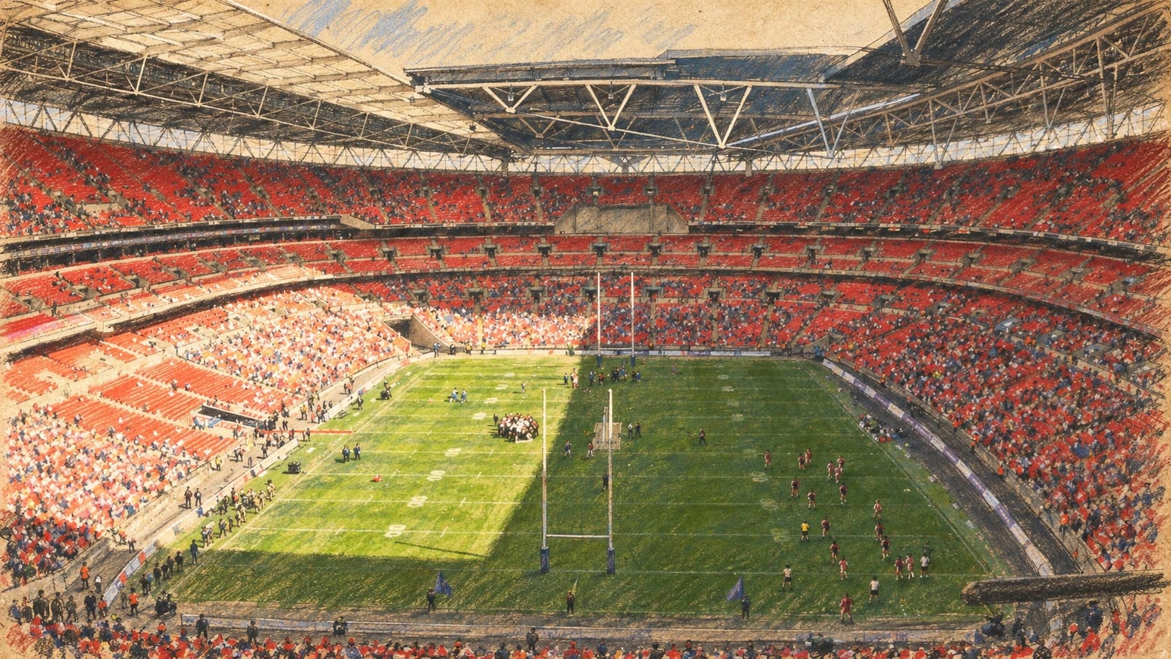 Courtroom-sketch editorial illustration of an archival 2011 interior view of Wembley Stadium, with red seating, roof trusses and a sunlit playing field, used as London sporting context rather than depicting the 2026 awards ceremony, rendered in warm ochre and slate-blue pastel strokes.